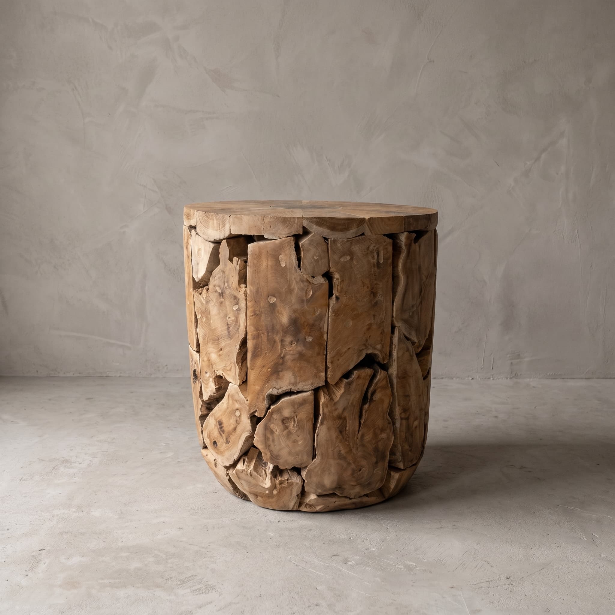 Salontafel Pandu van teak, rond, met middenschijf, hoge cilinder van staande stukken teak met kleine ronde pluggen in het hout