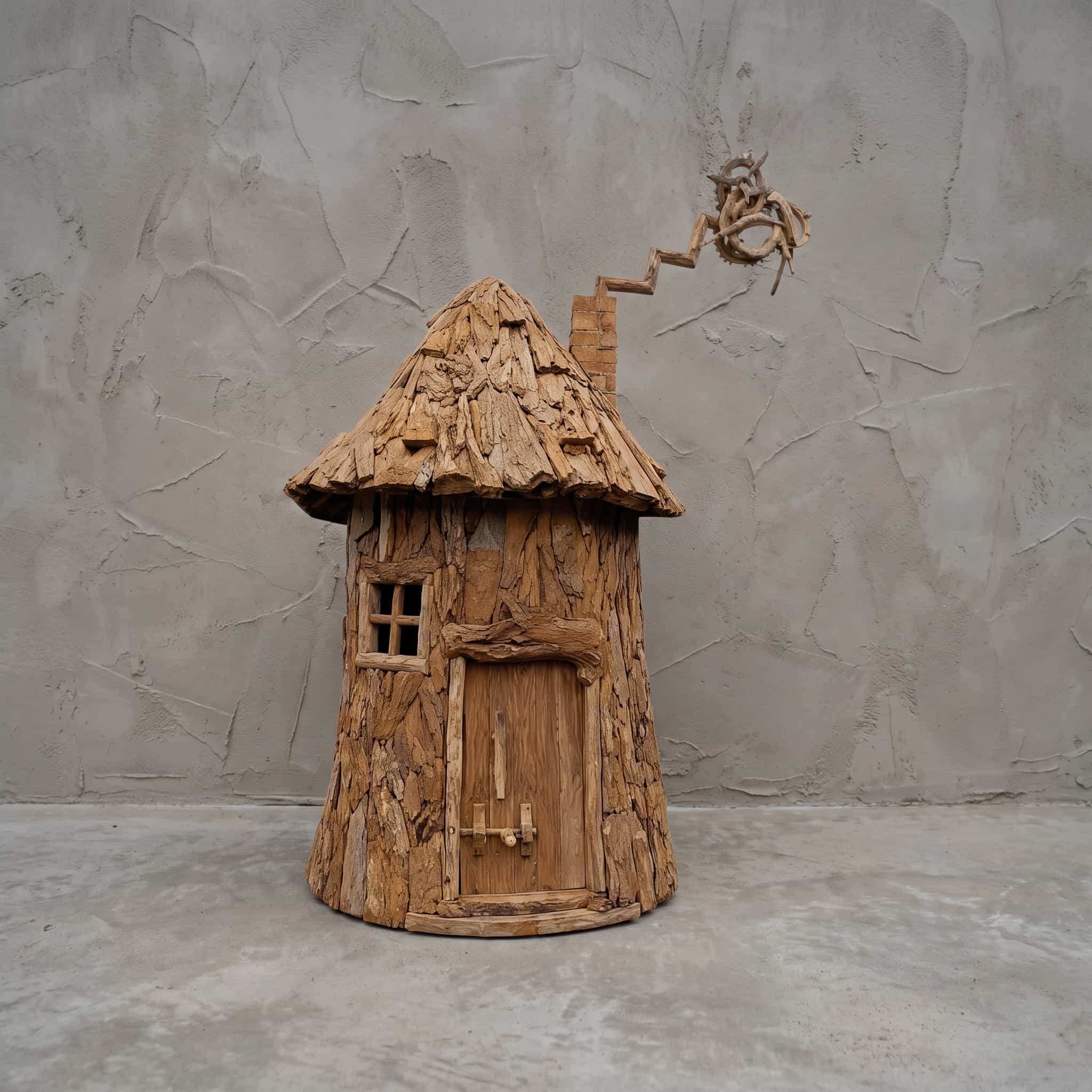 Huis Roots Liliput van gerecycled teak, rond huisje bekleed met ruwe stukken hout, kegeldak van spanen, klein raam, plankendeur en schoorsteen