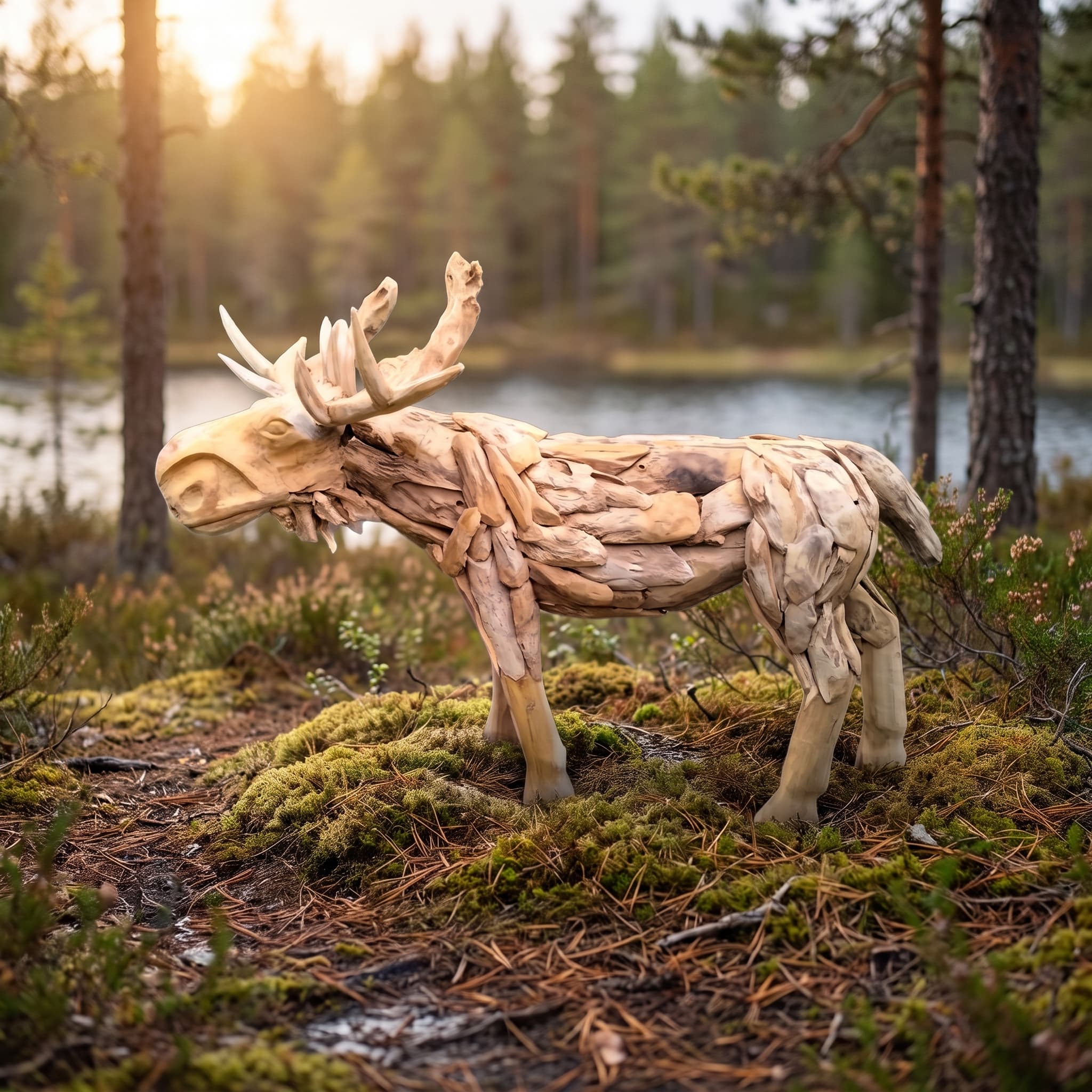 Eland van gerecycled teak, zijaanzicht van de staande eland met gewei en een lijf van platte stukken hout