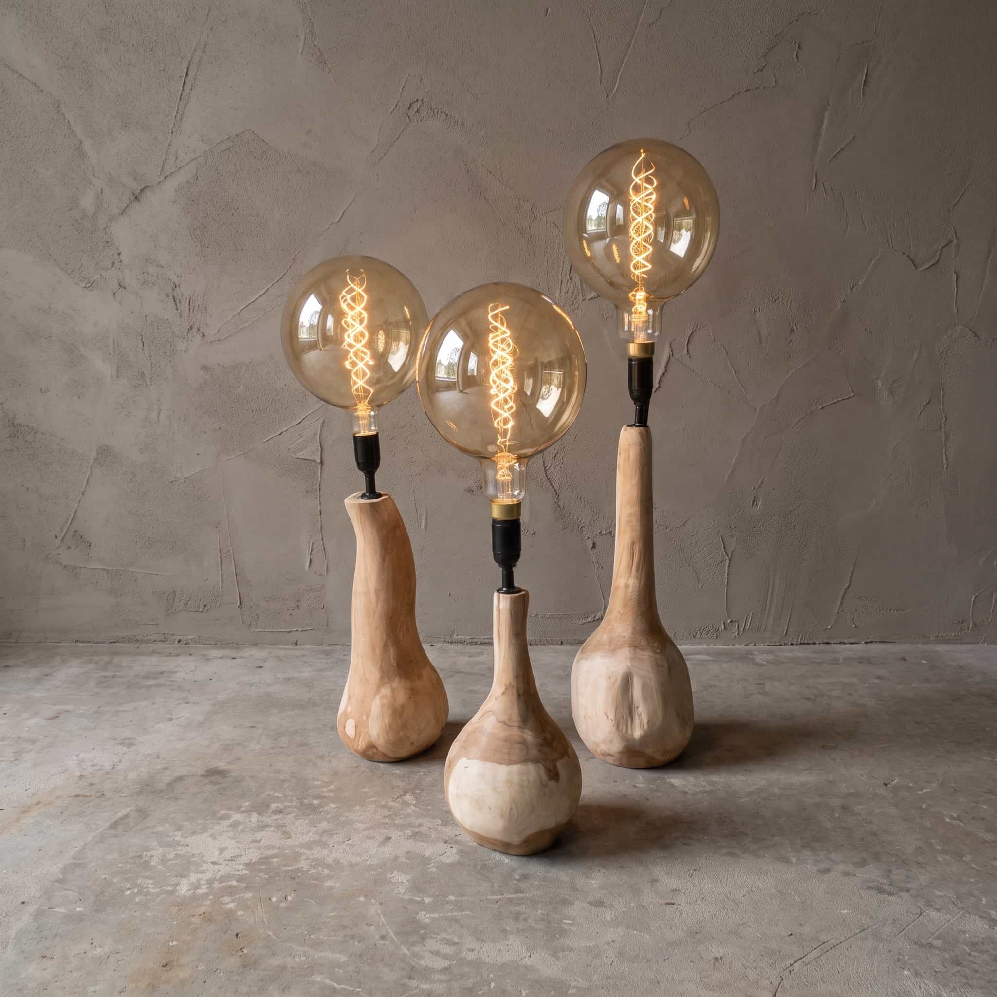 Lamp van teak, flesvorm, teakhouten lampen in flesvorm met een bolle onderkant en lange hals, vooraanzicht