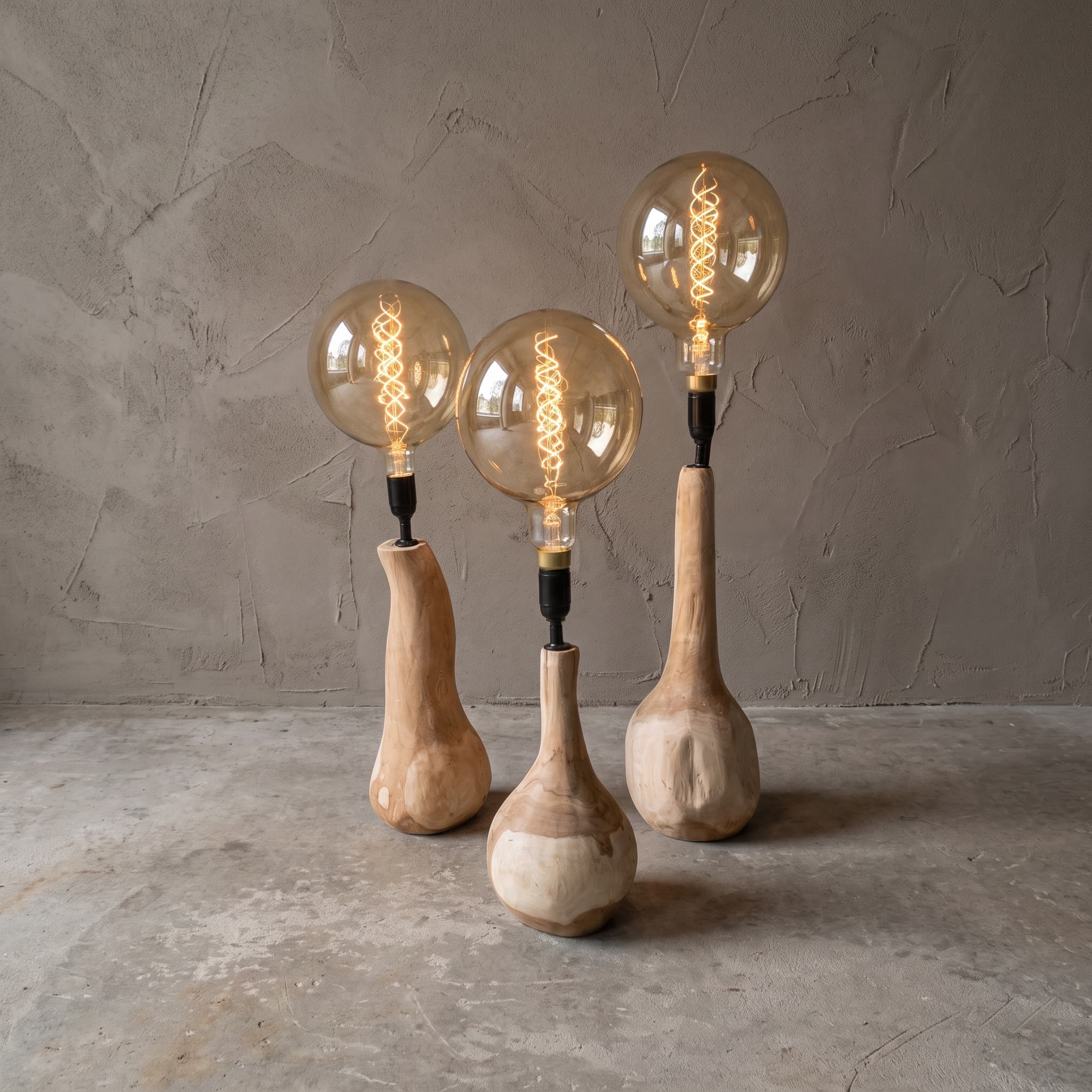 Lamp van teak, flesvorm, teakhouten lampen in flesvorm met een bolle onderkant en lange hals, vooraanzicht