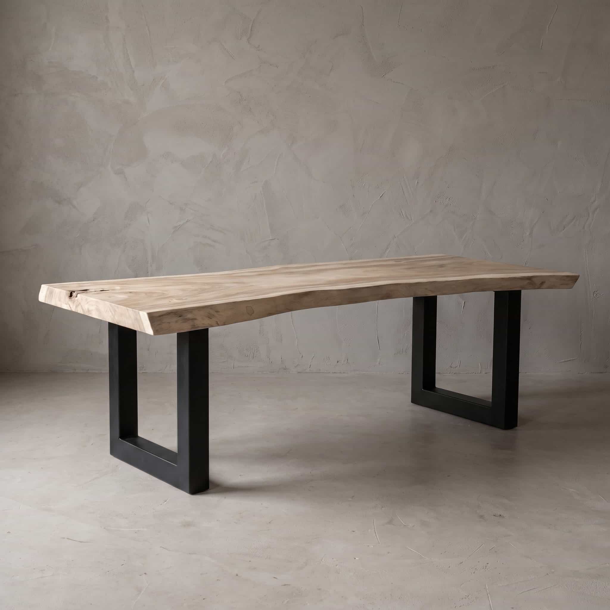 Suar tafelblad op een stalen U-onderstel, gepoedercoat in Jet Black Fine Texture.