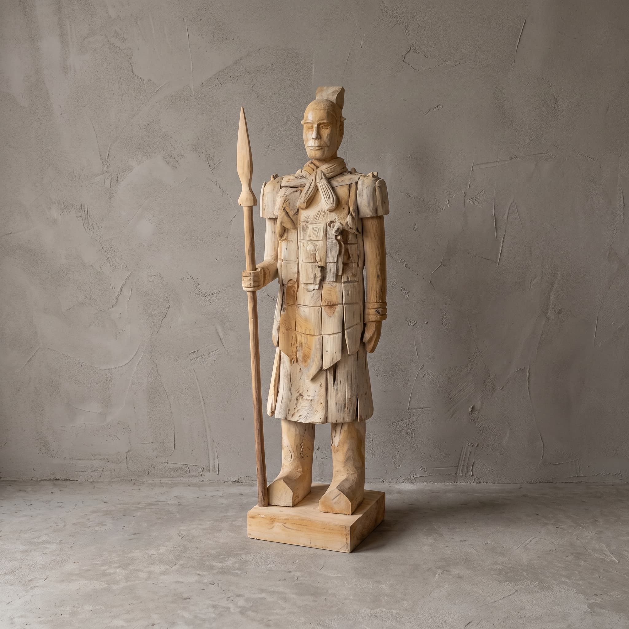 Krijger van gerecycled teak met speer, rechtshandig, vooraanzicht van één krijger op een lage voet voor een grijze wand