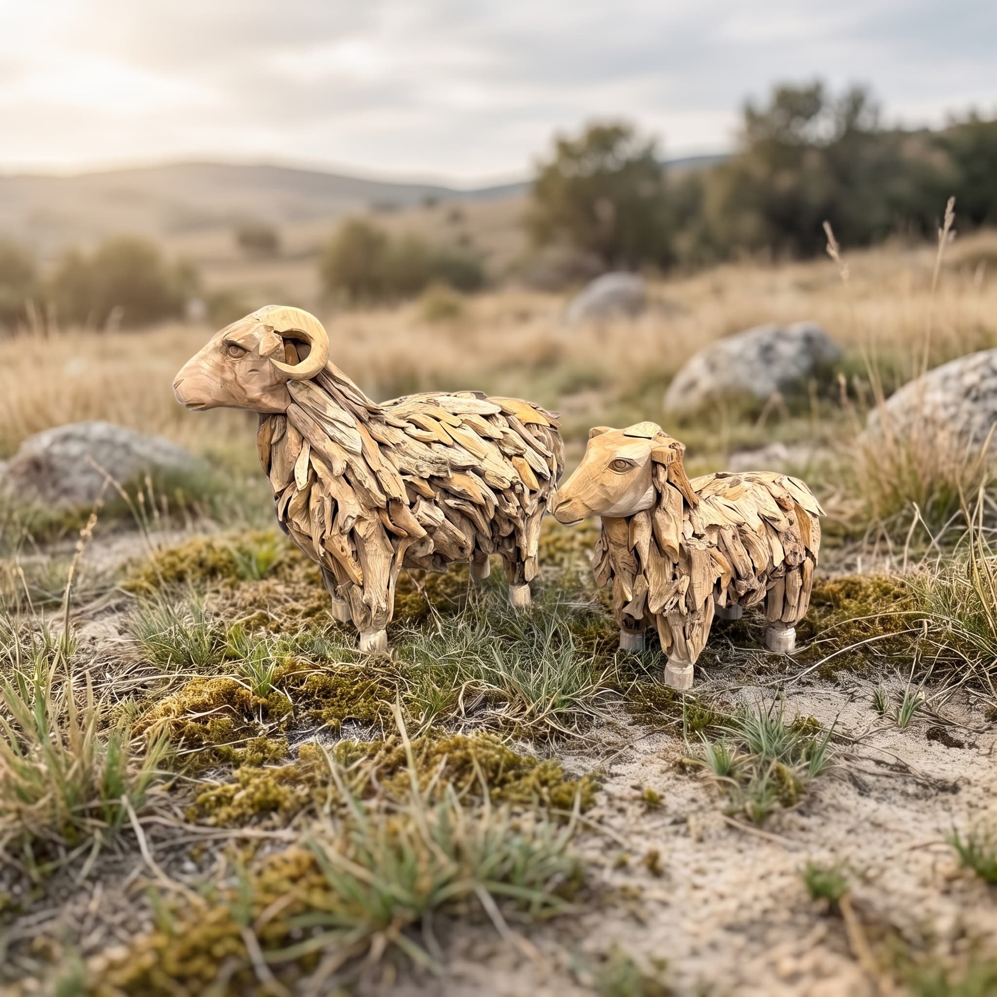 Twee schapen van gerecycled teak naast elkaar, een ram met gekrulde hoorns en een kleiner schaap, in droog grasland met rotsen