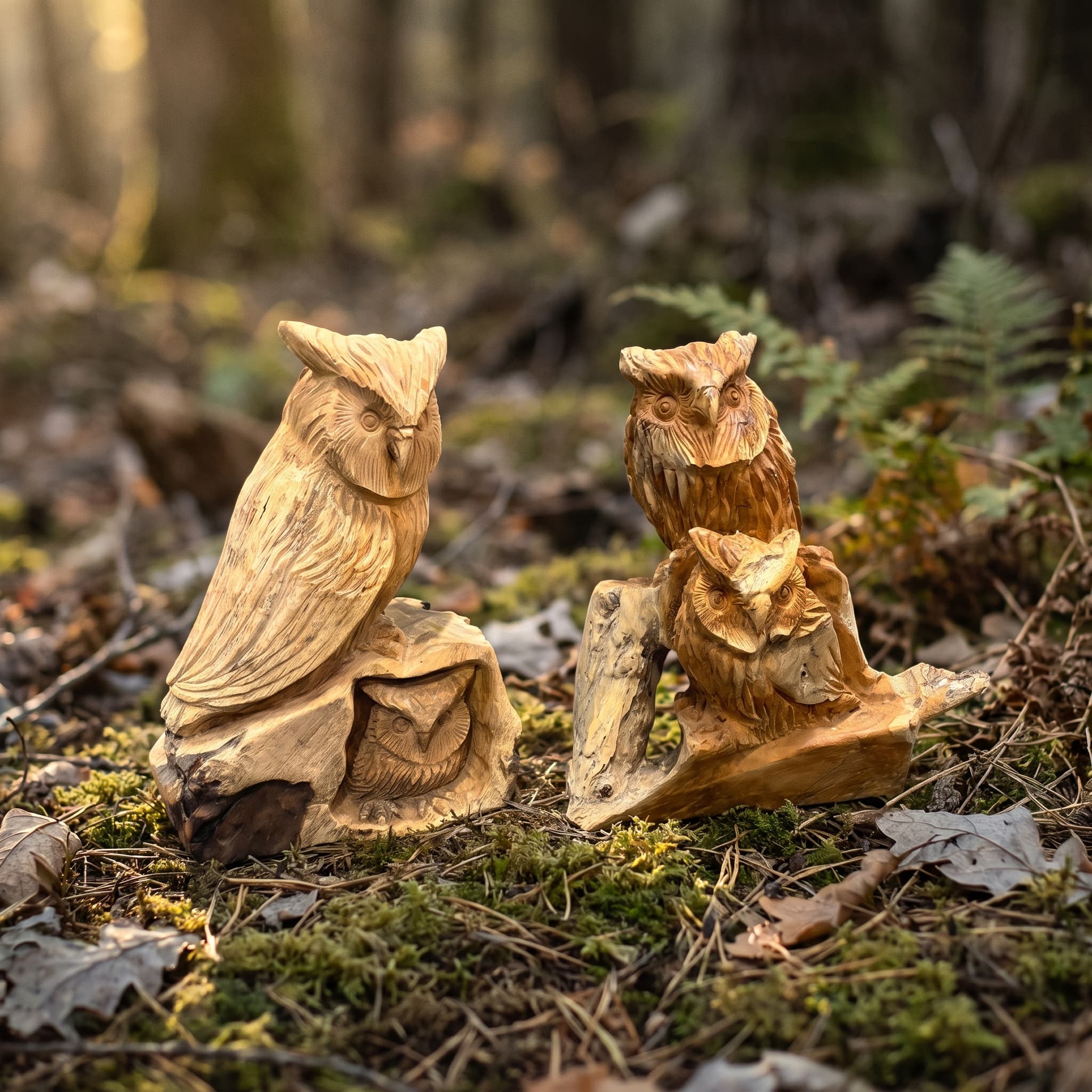 Uilen van gerecycled teak, duo, een grote uil met een kleinere uil eronder, met een tweede stuk ernaast