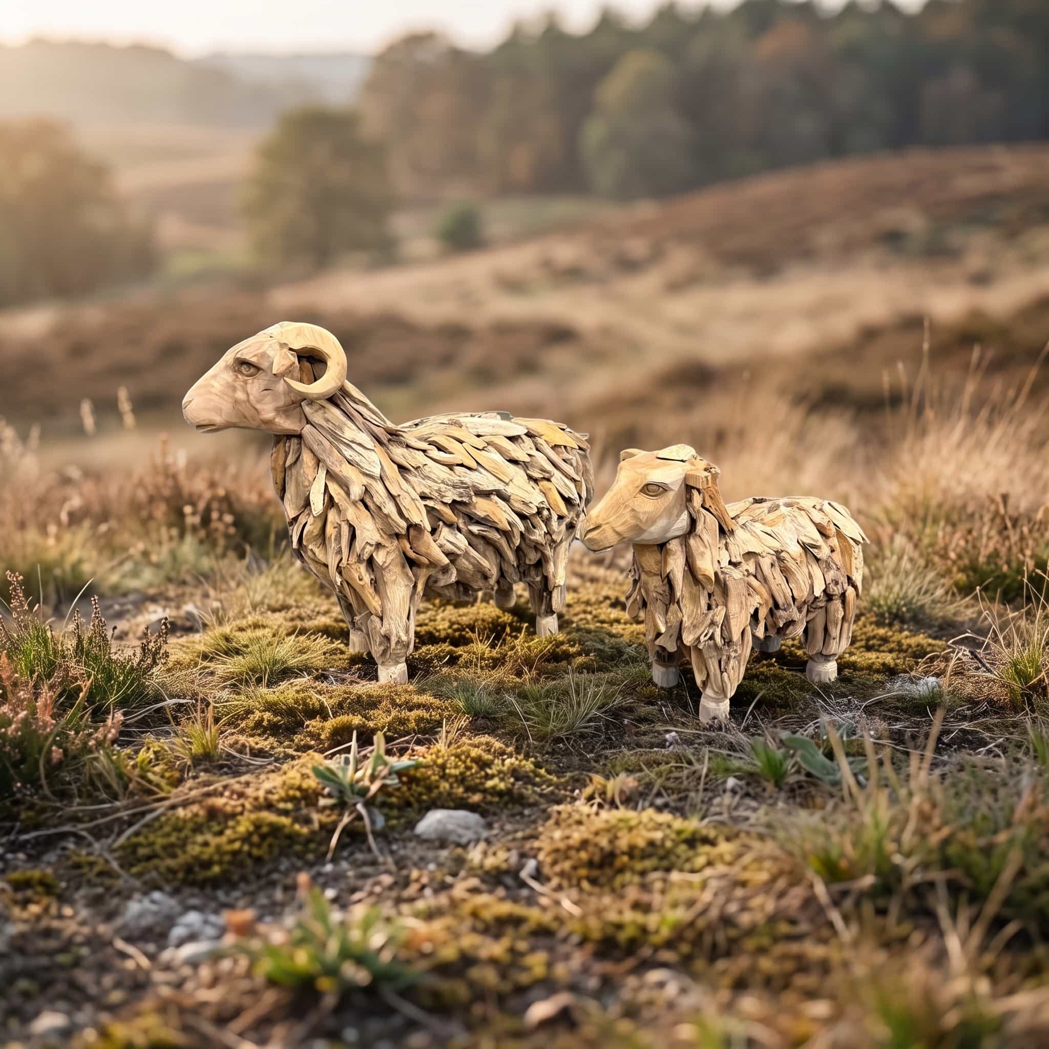 Schaap van gerecycled teak, met gelaagde vacht, maat S van 80 cm, zijaanzicht van schapen uit de serie naast elkaar