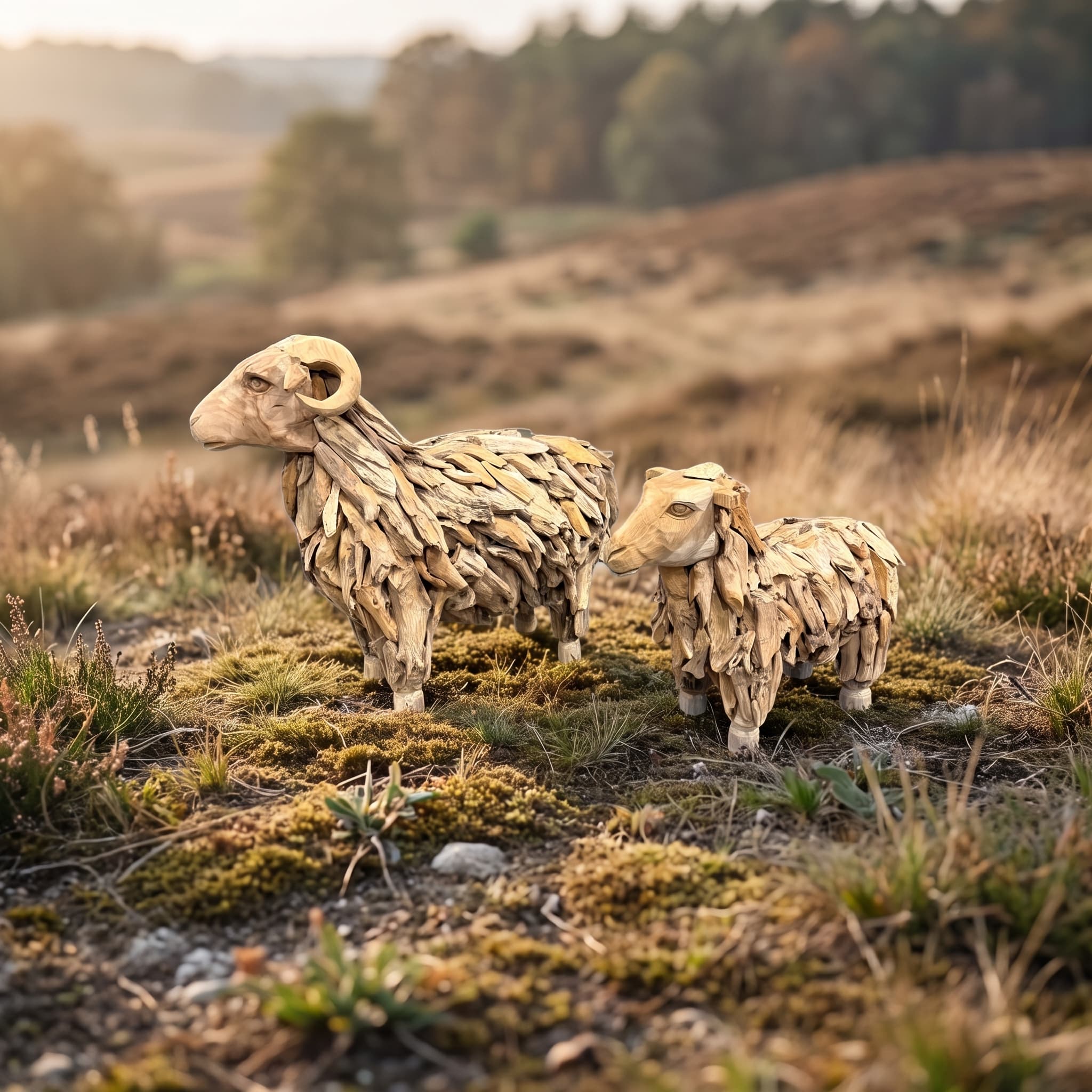 Schaap van gerecycled teak, met gelaagde vacht, maat S van 80 cm, zijaanzicht van schapen uit de serie naast elkaar