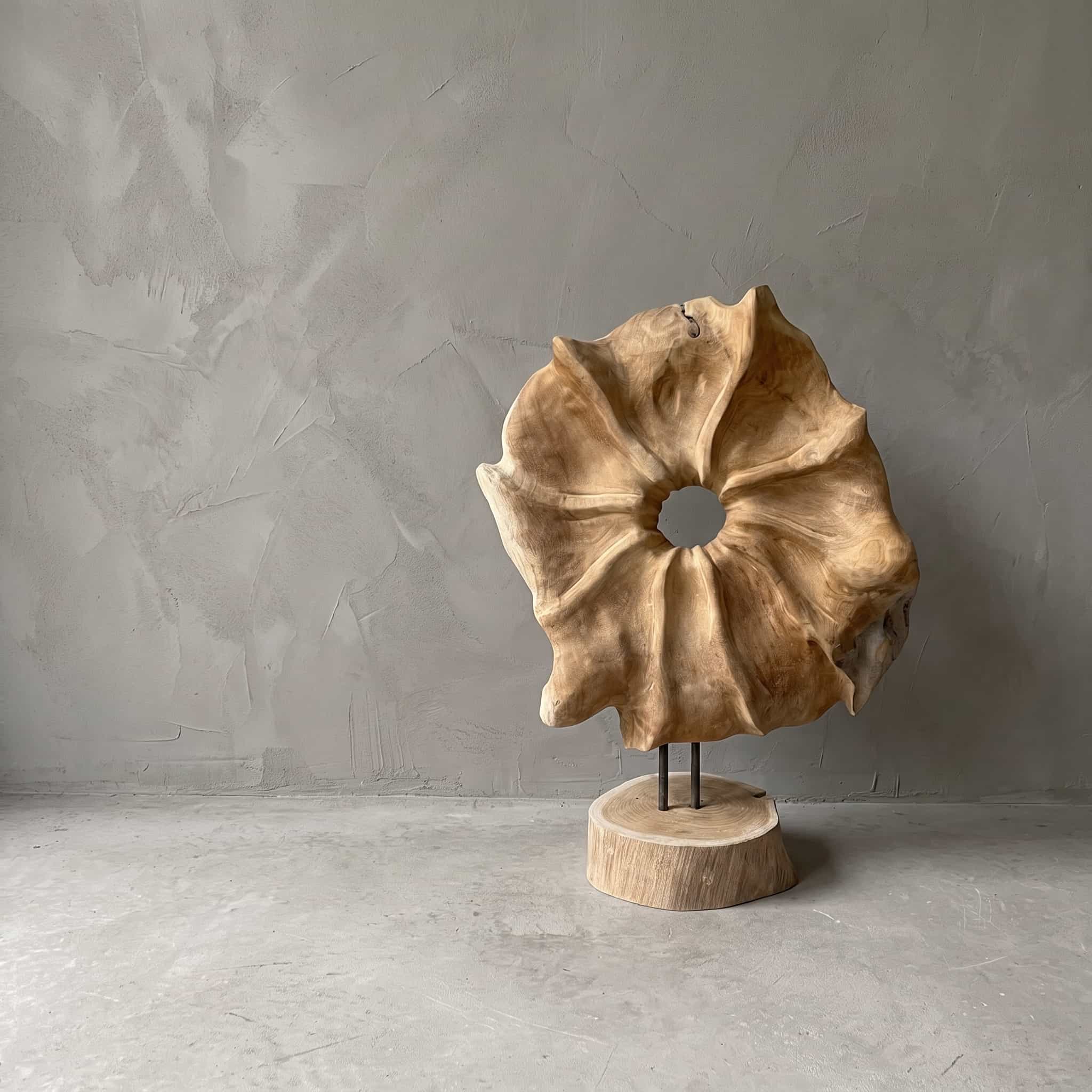 Sokkel Klirong van gerecycled teak, vooraanzicht van de ronde bloemvorm met gat op twee staven, voor een grijze wand
