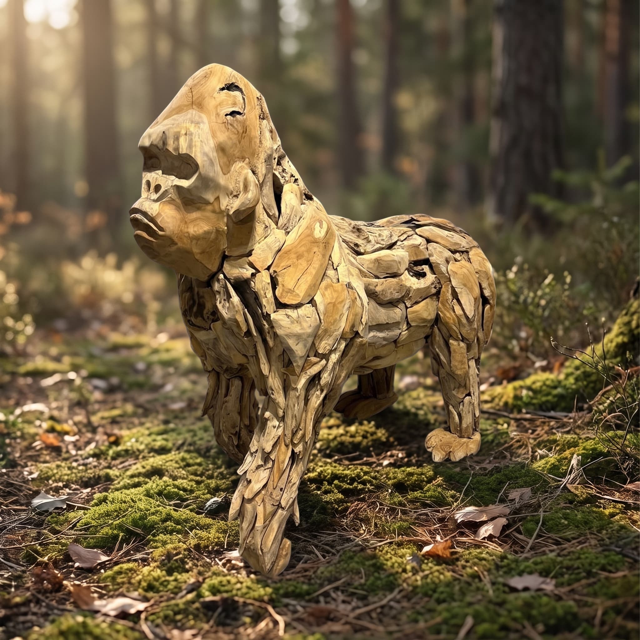 Gorilla King Kong van gerecycled teak, lopend, zijaanzicht van de gorilla op handen en voeten met de kop opzij