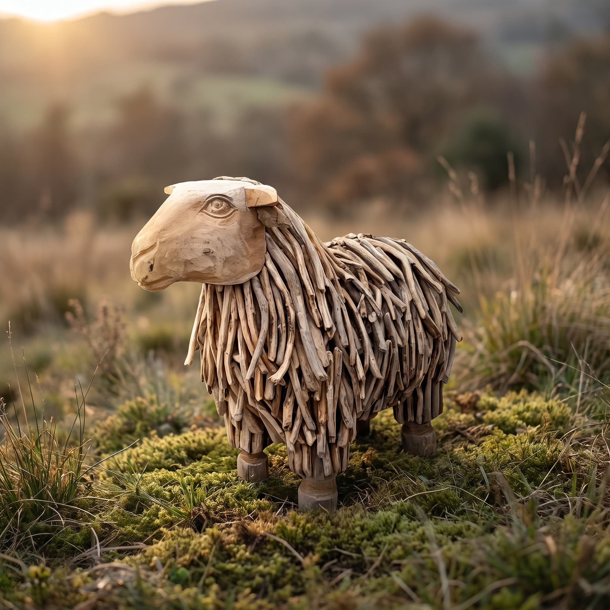 Schaap van gerecycled teak, met lange vacht, maat S van 80 cm, zijaanzicht met de gladde kop en de hangende vacht