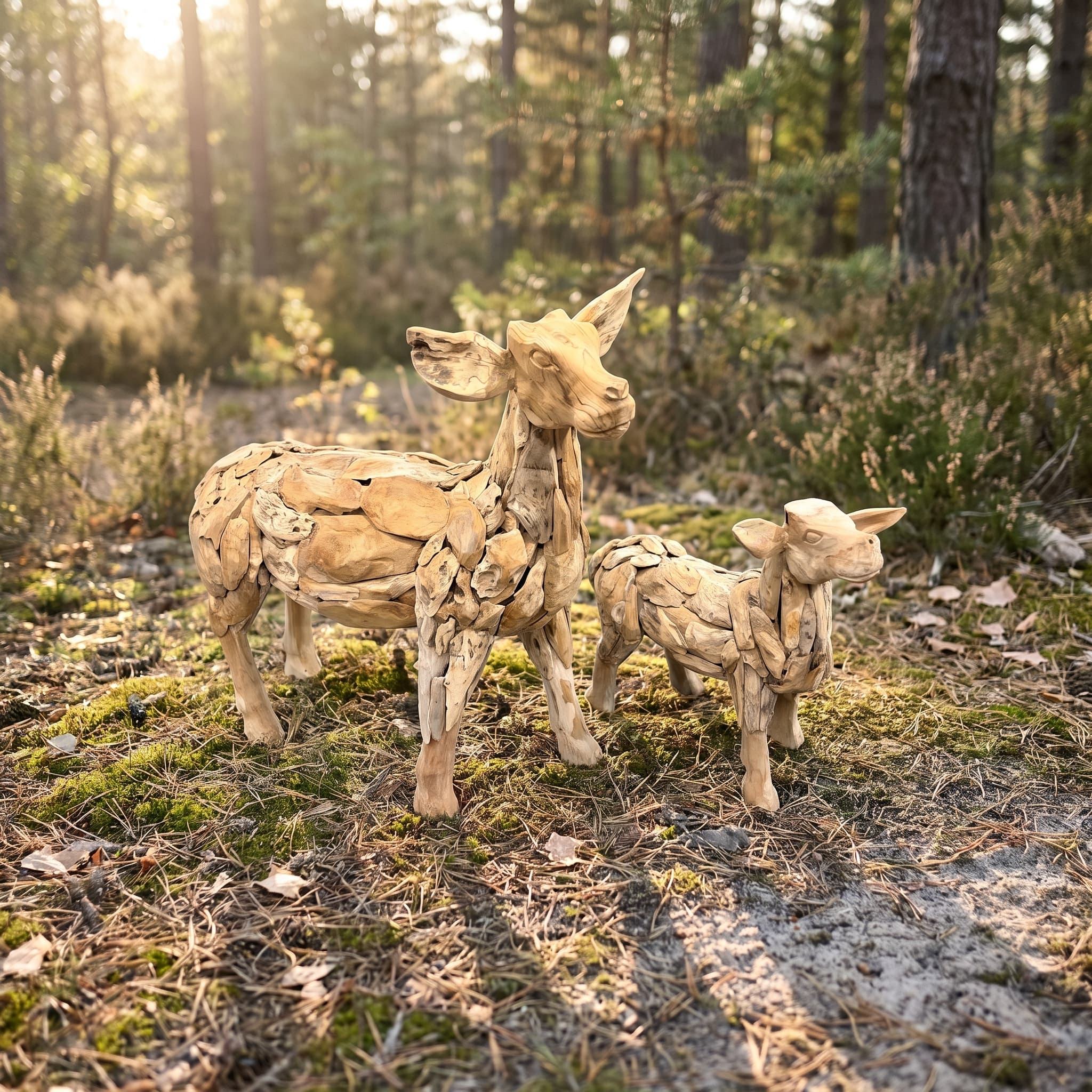 Hindekalf van gerecycled teak, zijaanzicht van het kalf met opzij stekende oren, naast een grotere hinde