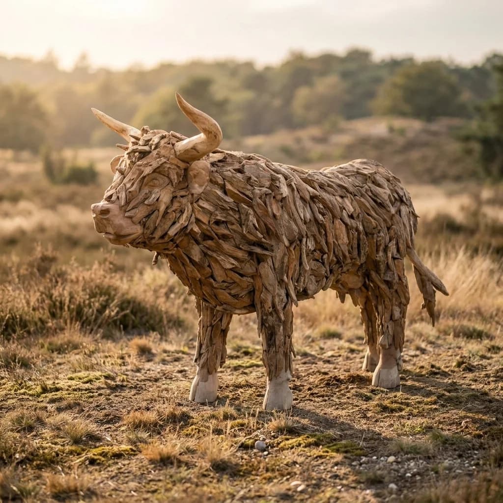 Schotse hooglander Jono van gerecycled teak, maat L van 300 cm, zijaanzicht met hoorns op de heide in laag zonlicht