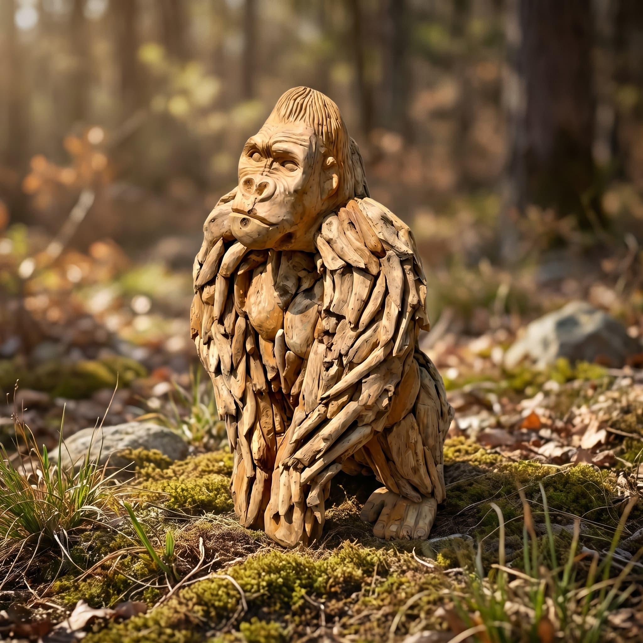 Gorilla King Kong van gerecycled teak, rechtop zittend op mos tussen gras en stenen in een zonnig bos