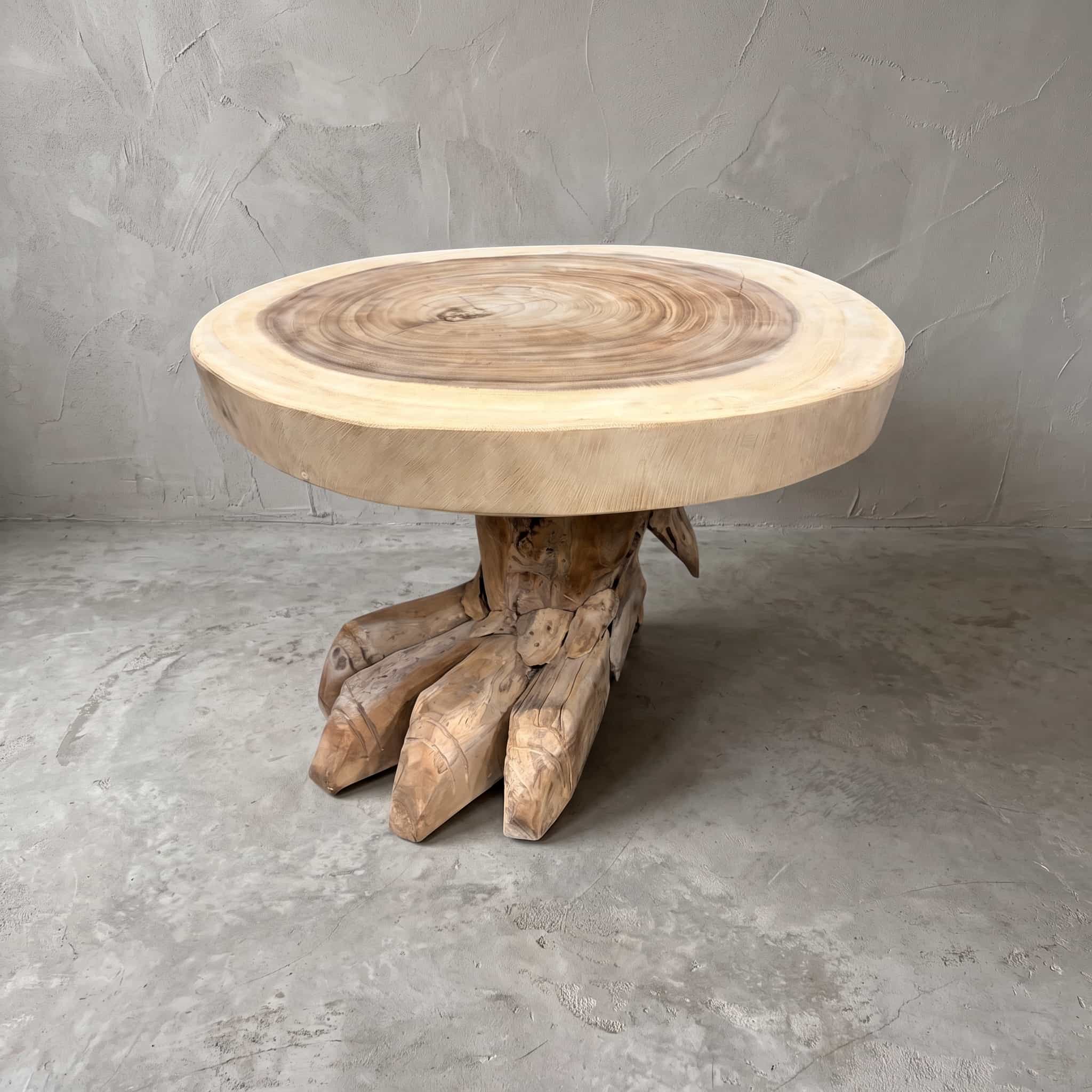 Salontafel van suarhout en gerecycled teak, leeuwenpoot, schuin vooraanzicht van het ronde blad op de voet