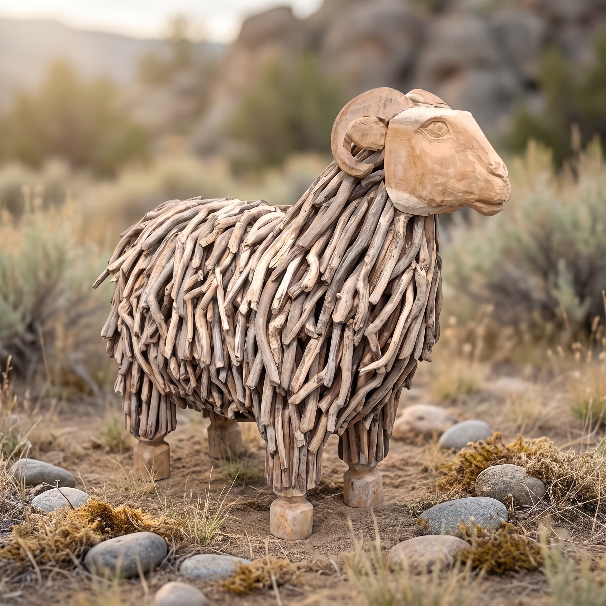 Schaap van gerecycled teak met een lange vacht van houten takjes en gekrulde hoorns, op zandgrond tussen rotsen en droge struiken