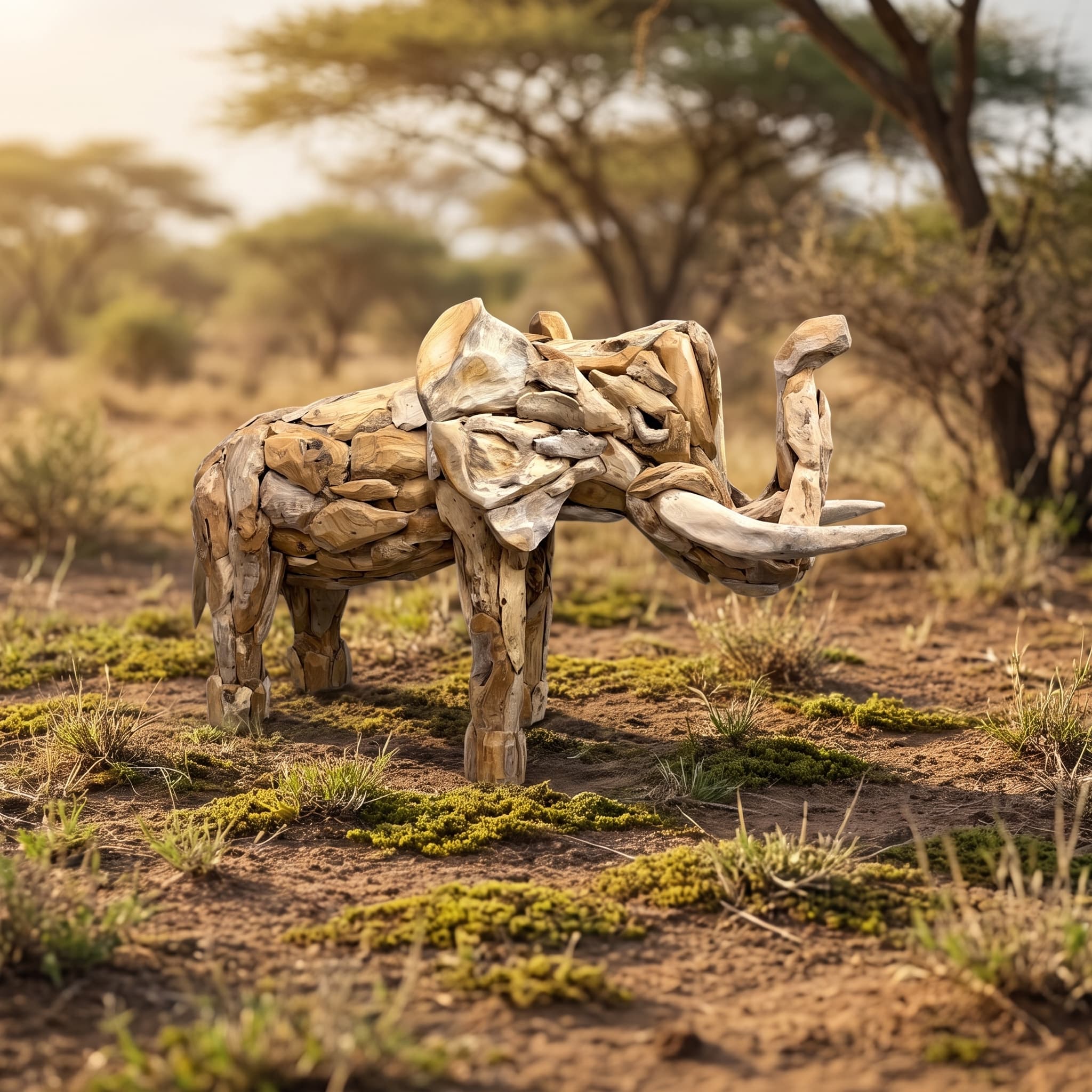 Olifant van gerecycled teak met opgekrulde slurf en slagtanden op droge savannegrond onder acaciabomen