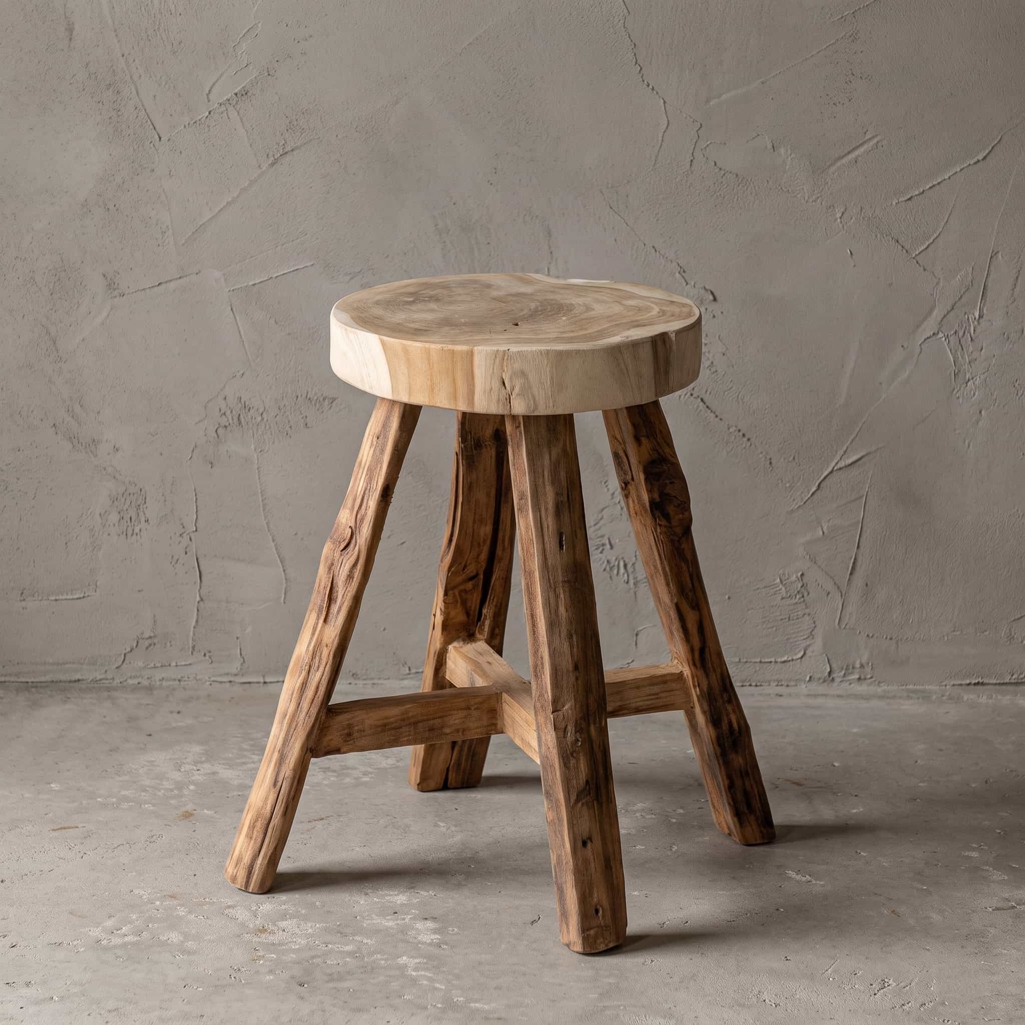 Kruk School Semar van gerecycled teak, rond zitvlak op vier schuin uitstaande poten met dwarslatten in een kruis