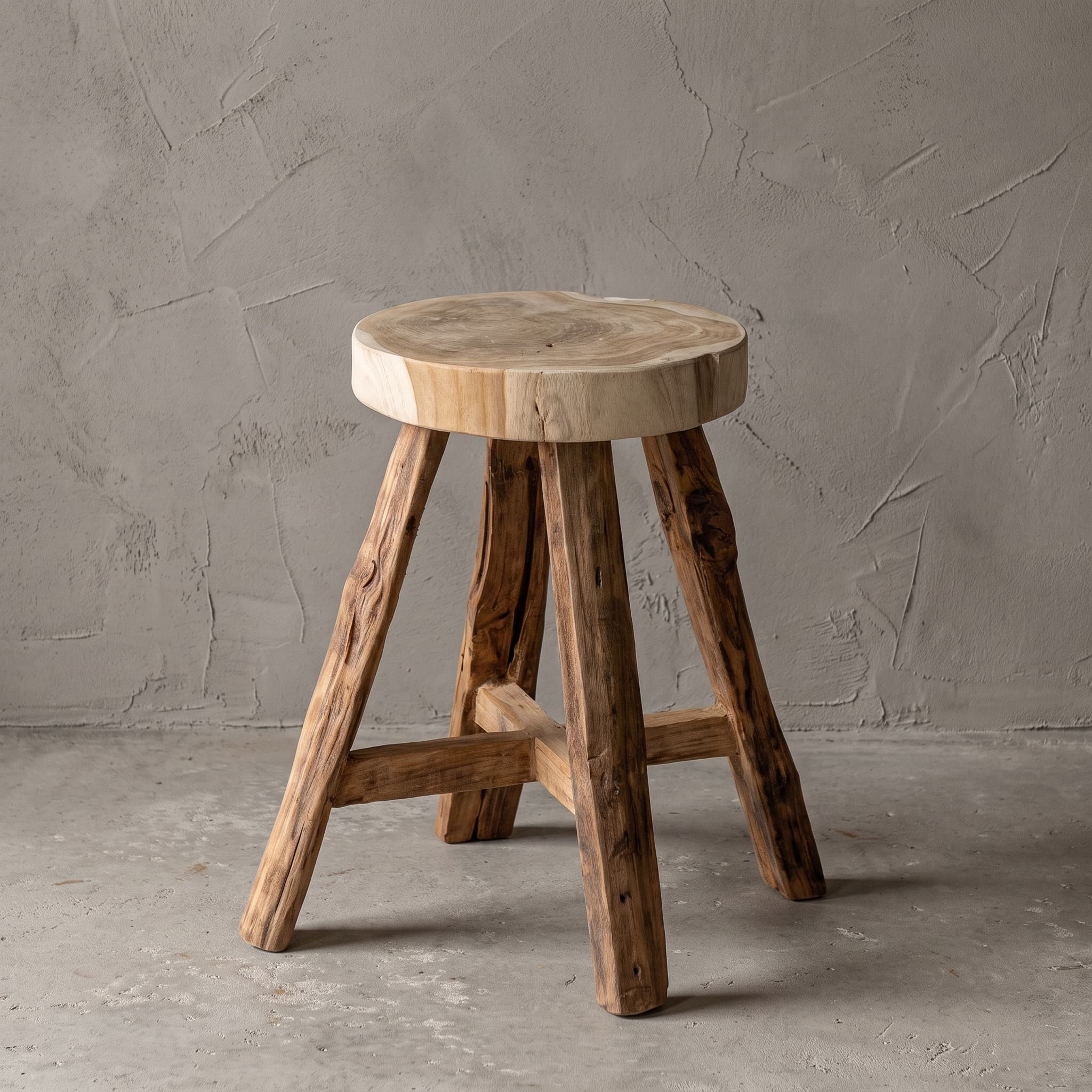 Kruk School Semar van gerecycled teak, rond zitvlak op vier schuin uitstaande poten met dwarslatten in een kruis