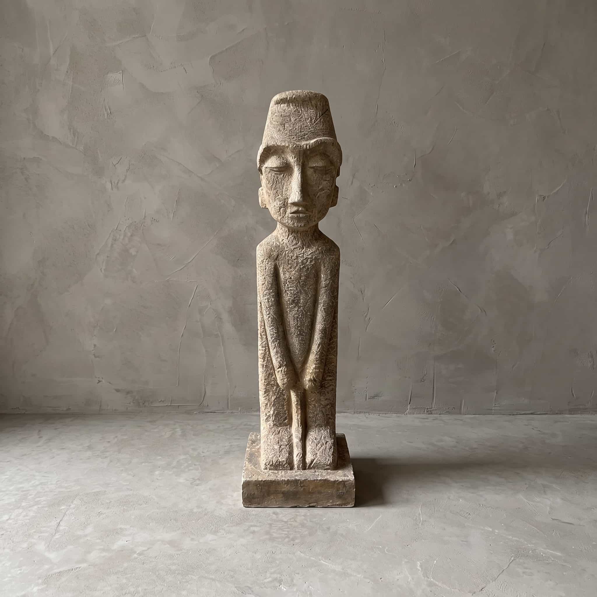 Beeld Konggo 3 van polystone, zandkleurig, vooraanzicht van de figuur met gesloten ogen en een muts met platte bovenkant
