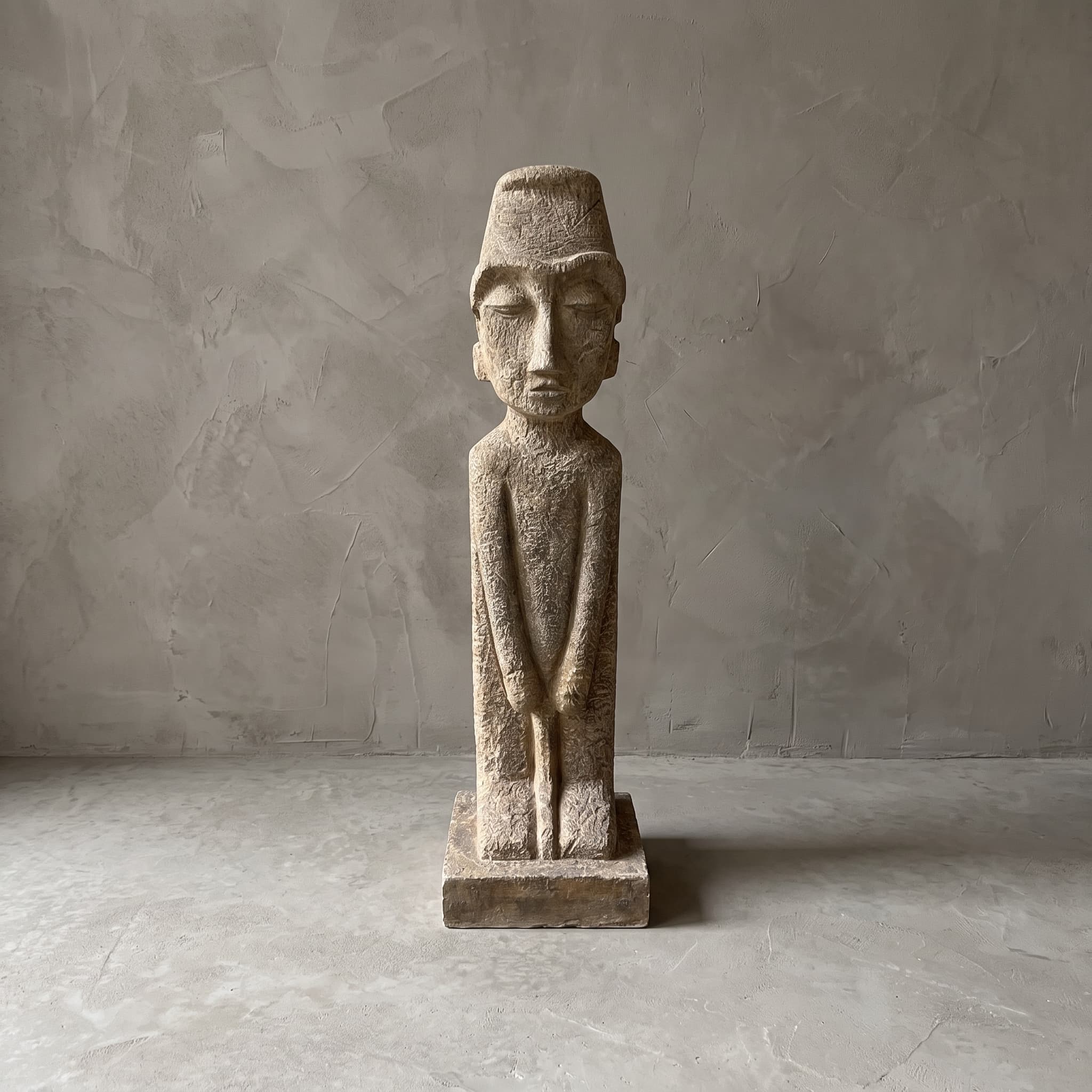 Beeld Konggo 3 van polystone, zandkleurig, vooraanzicht van de figuur met gesloten ogen en een muts met platte bovenkant