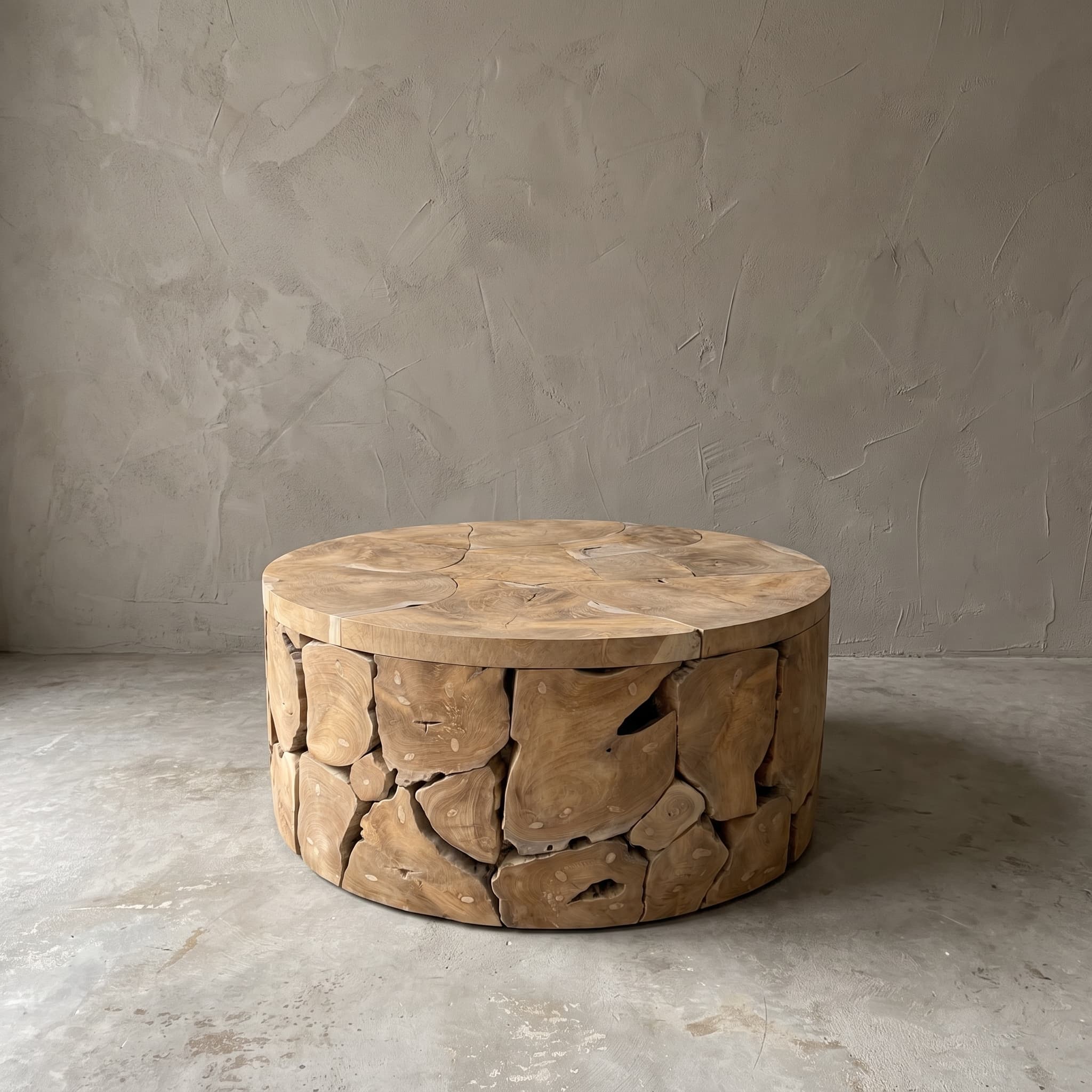 Salontafel Pandu van teak, rond, brede lage trommel voor een grijze wand, stukken teak met kwasten en kleine kieren rondom