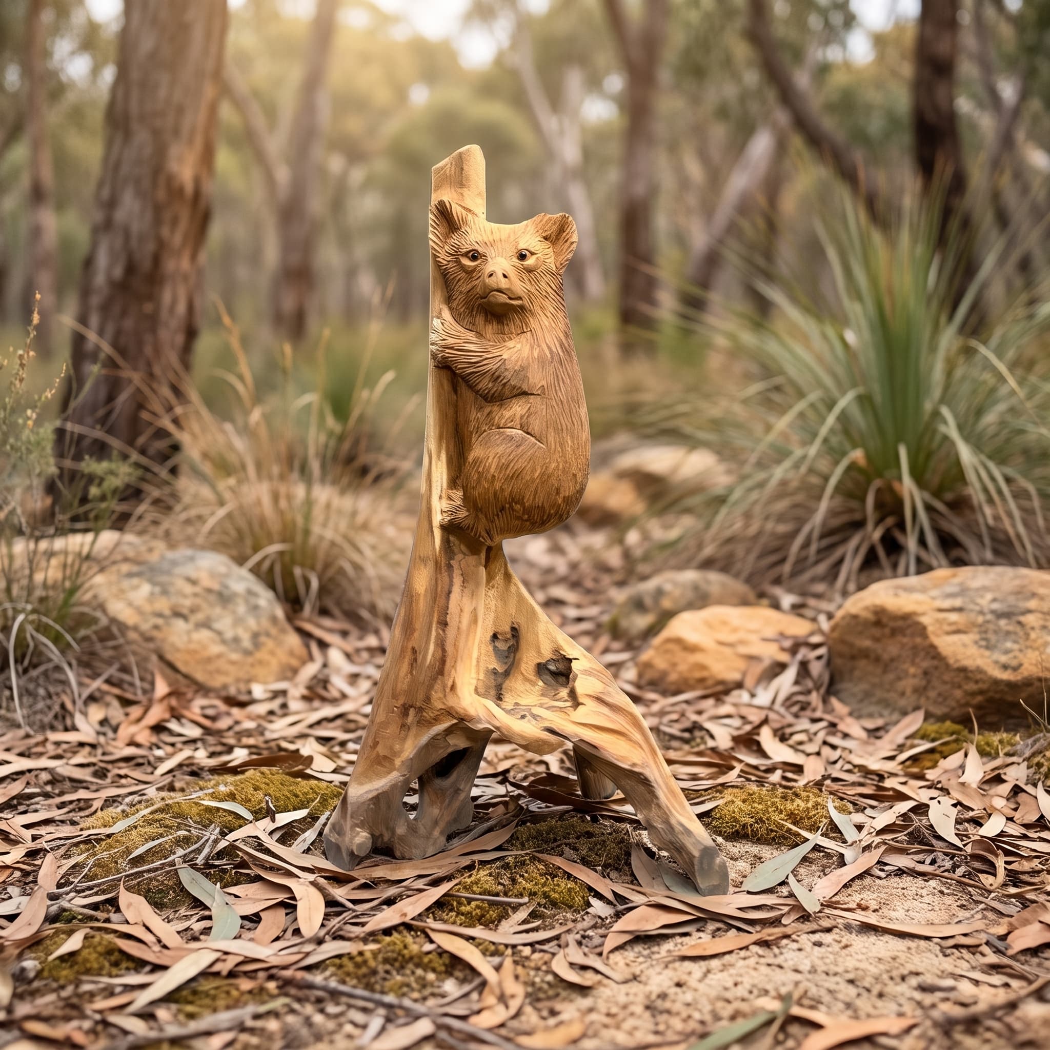 Koala van gerecycled teak, vooraanzicht met de gesneden vacht, ronde oren en de lichtere stam eronder