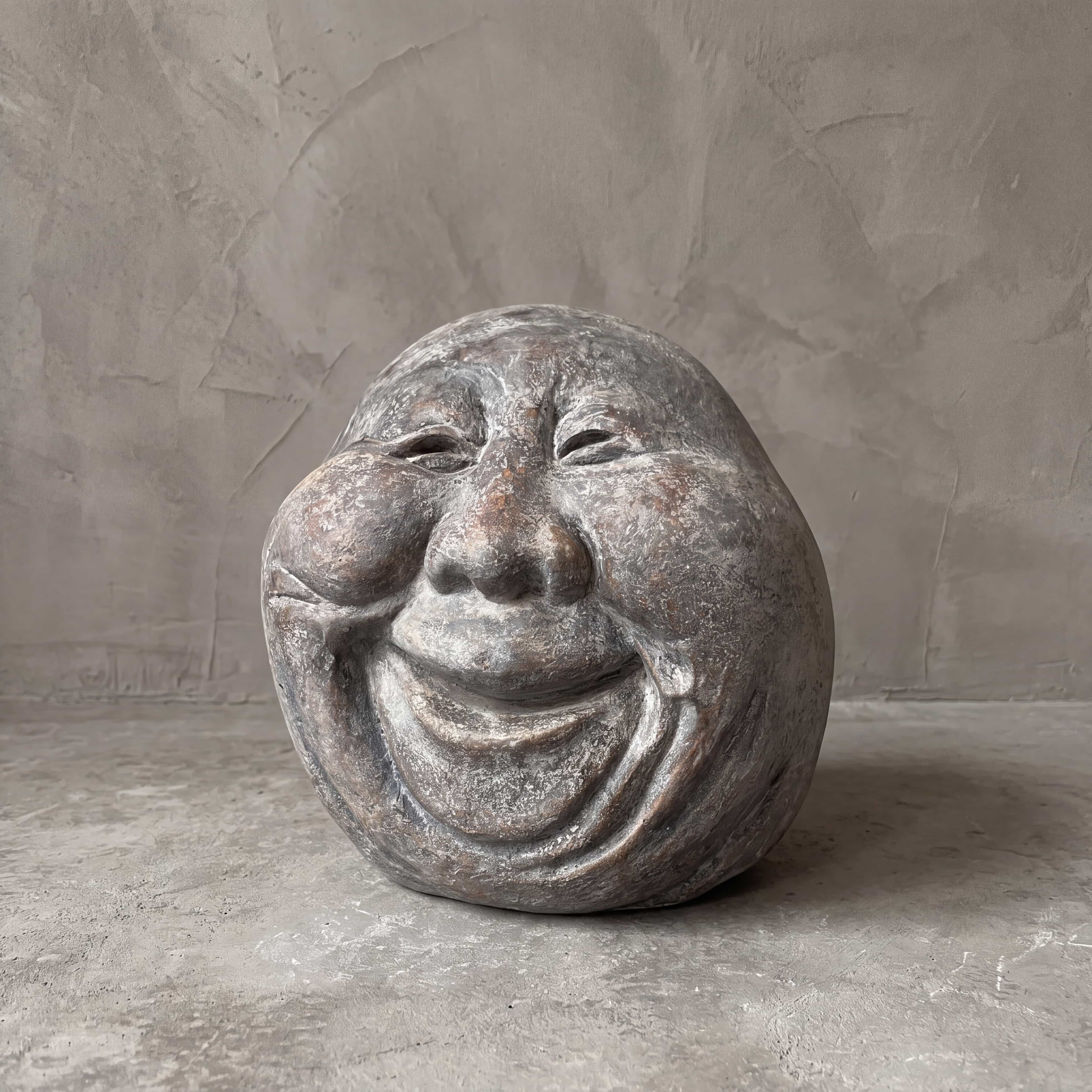 Beeld Moon Kepala van polystone, oude man, vooraanzicht van het lachende hoofd met bijna gesloten ogen