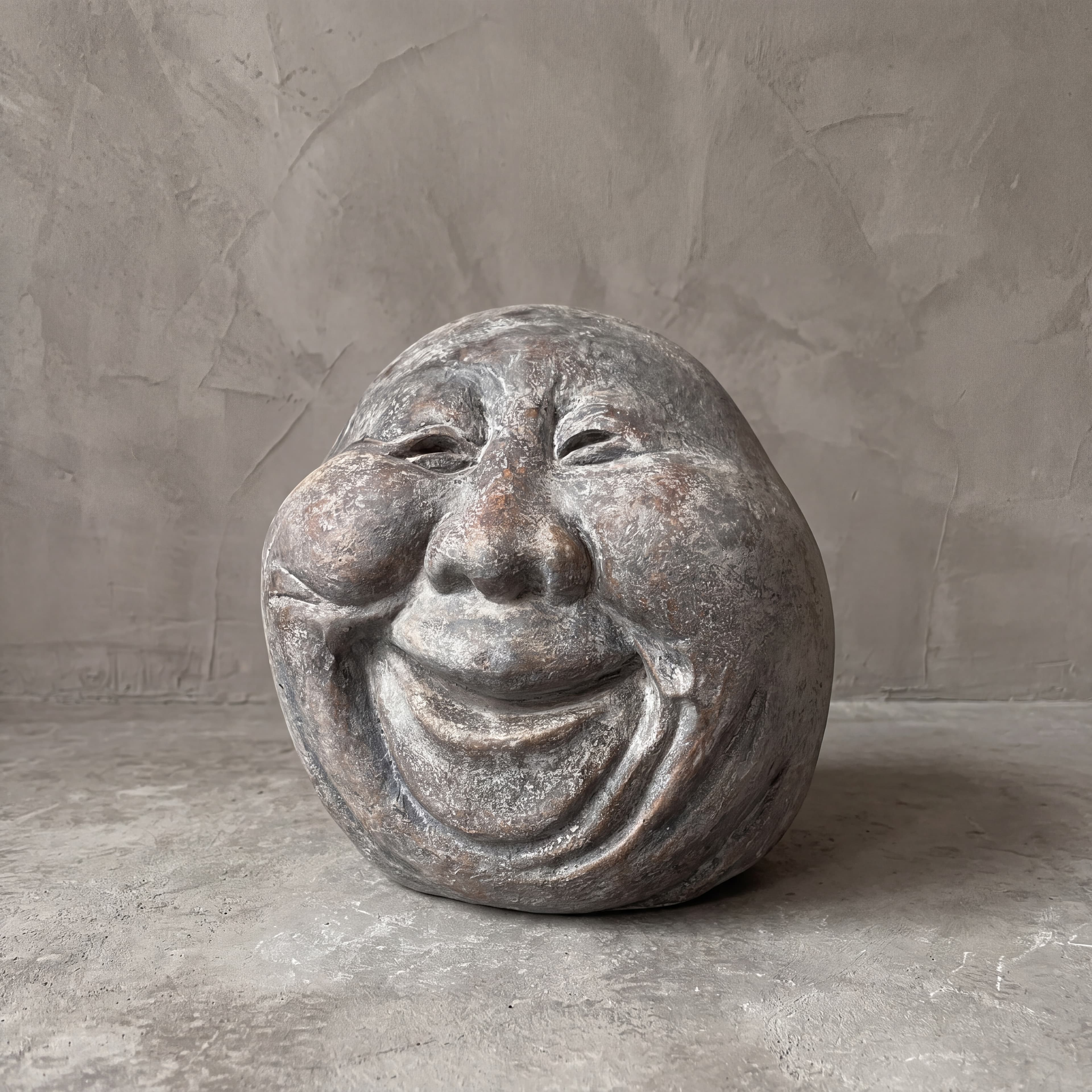 Beeld Moon Kepala van polystone, oude man, vooraanzicht van het lachende hoofd met bijna gesloten ogen