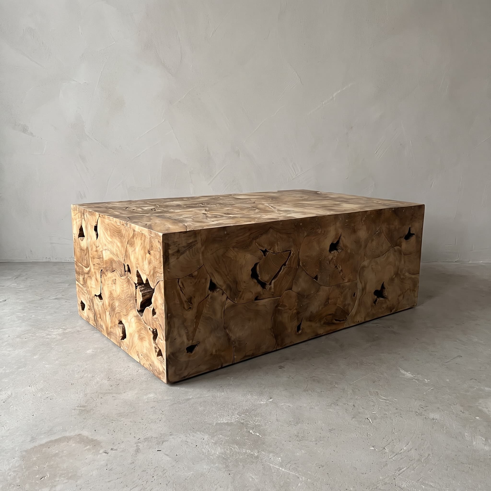 Salontafel Pandu van teak, rechthoekig, schuin vooraanzicht van de blokvorm met donkere holtes in de zijkanten
