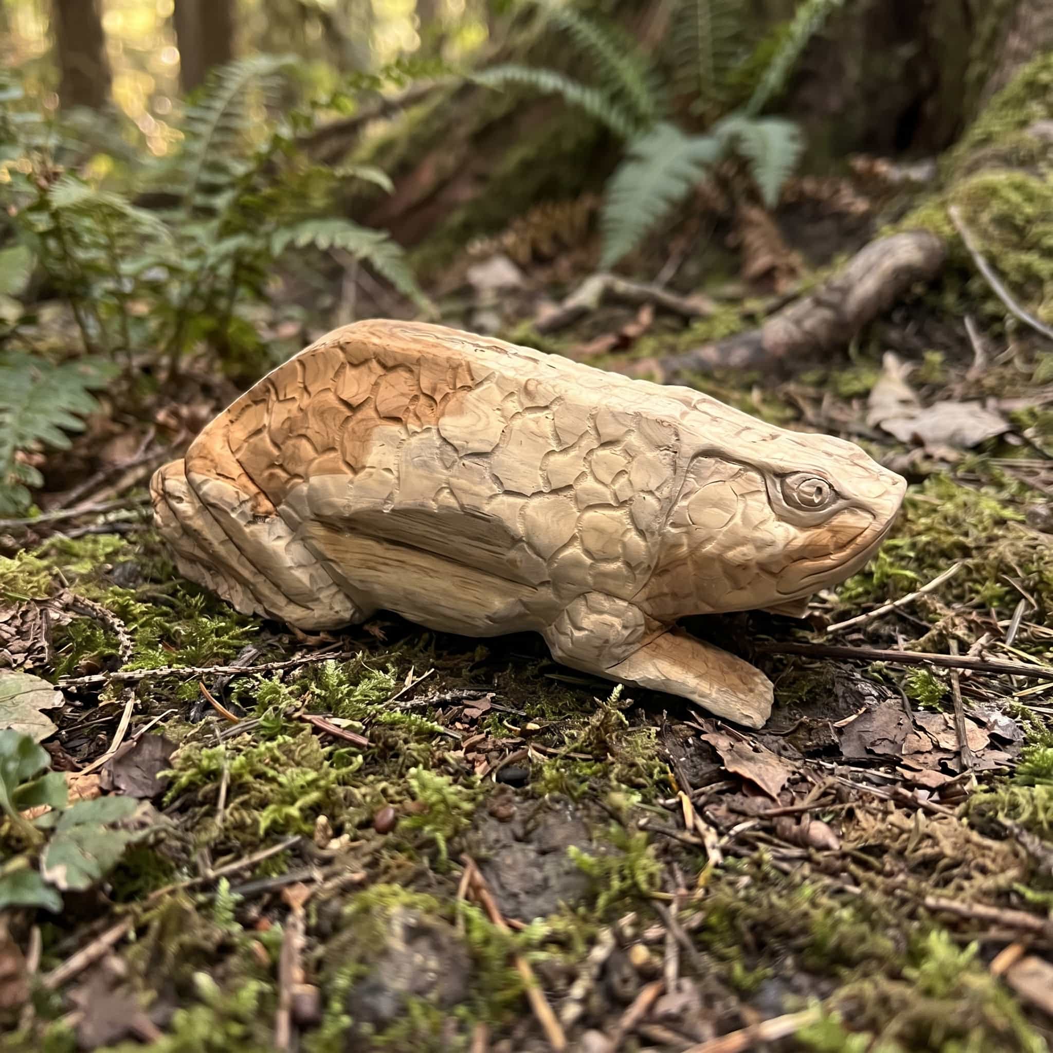 Kikker van gerecycled teak, zijaanzicht van de gehurkte kikker met gesneden bulten op de rug en een rond oog