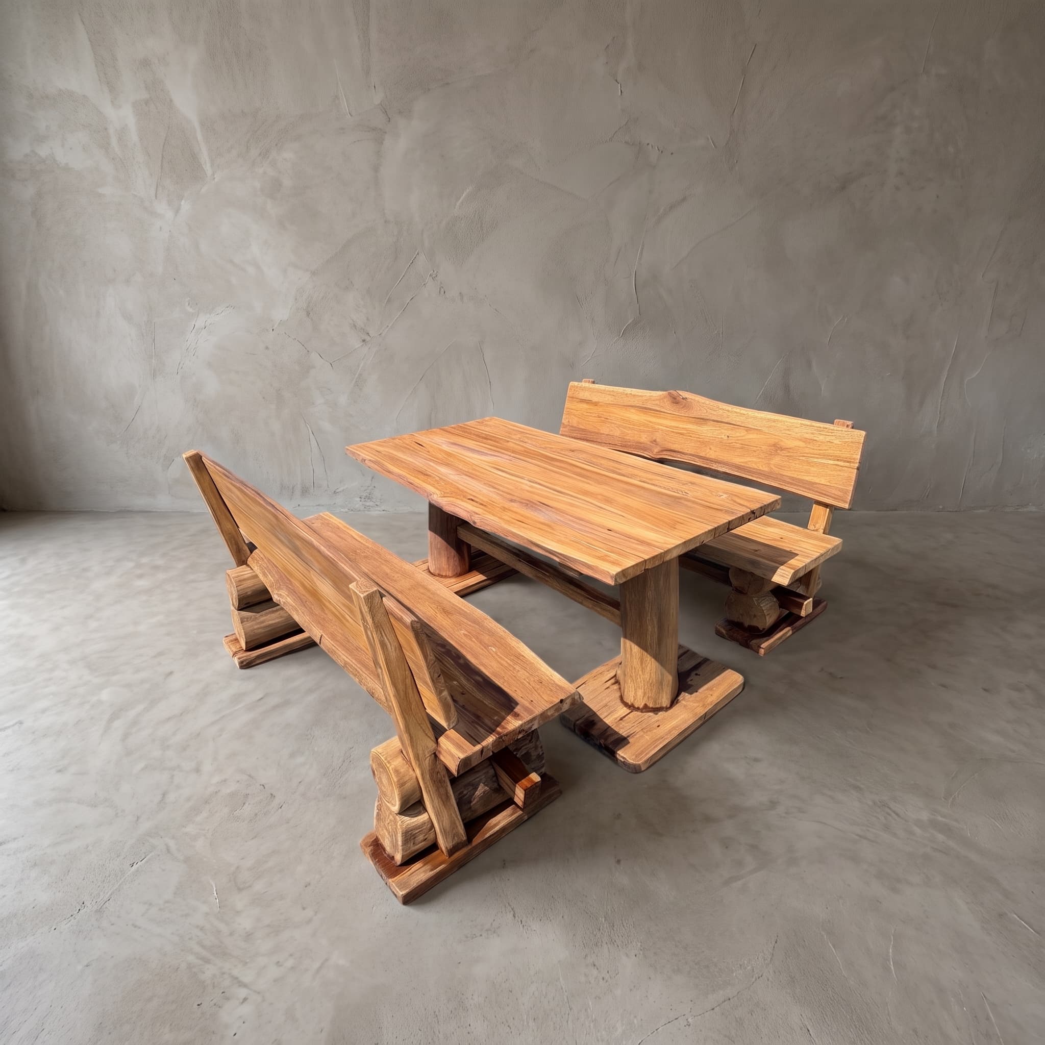 Tafel met banken Donny Restan van teak, set van 3, schuin bovenaanzicht van de tafel tussen twee banken met rugleuning