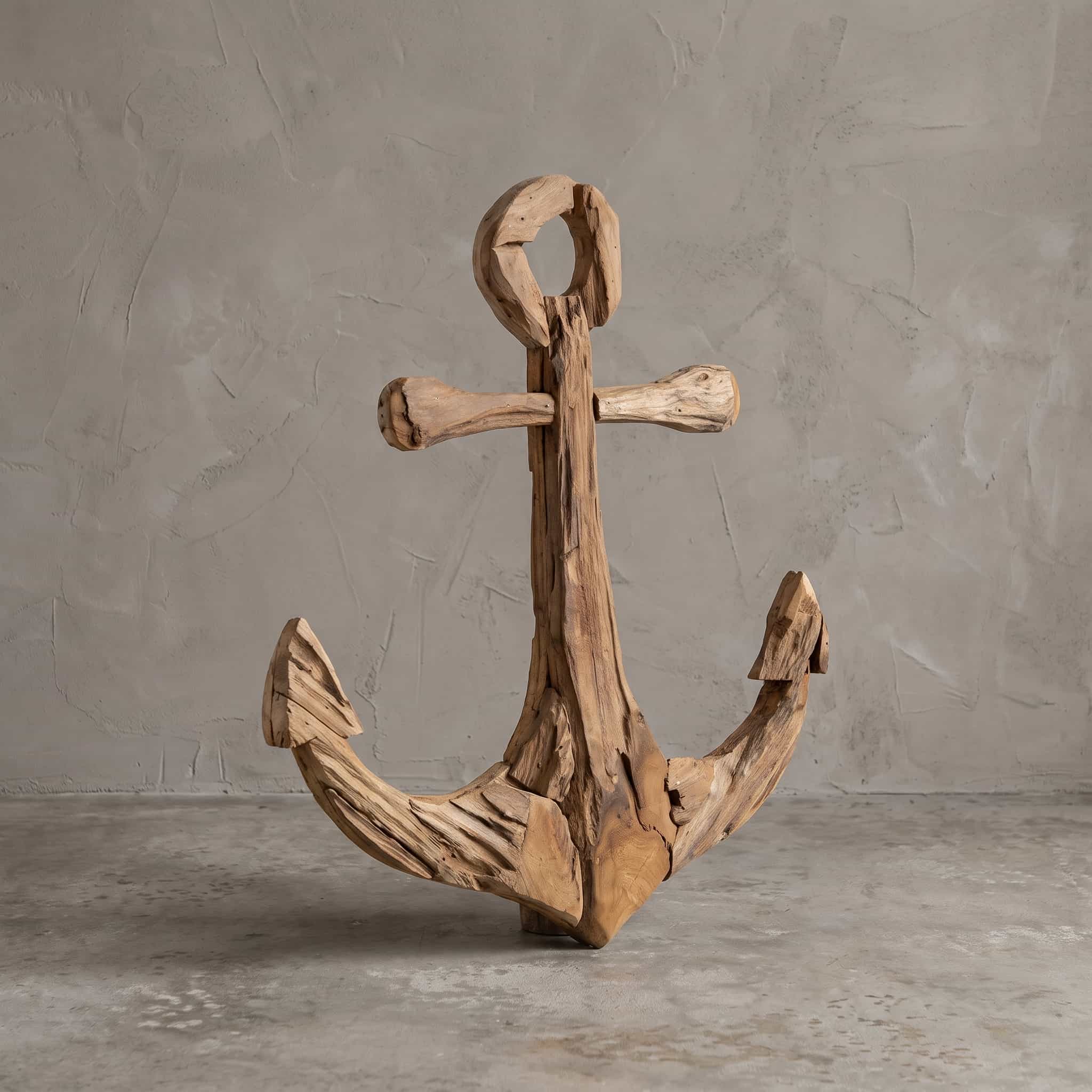 Anker Roots van gerecycled teak, vooraanzicht van het anker met ring, dwarsstok en twee gebogen armen voor een grijze wand