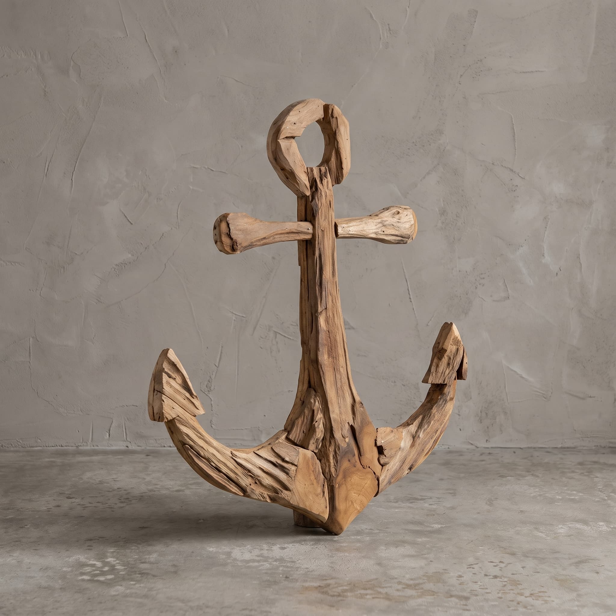Anker Roots aus recyceltem Teak, Vorderansicht des Ankers mit Ring, Stock und zwei gebogenen Armen vor grauer Wand