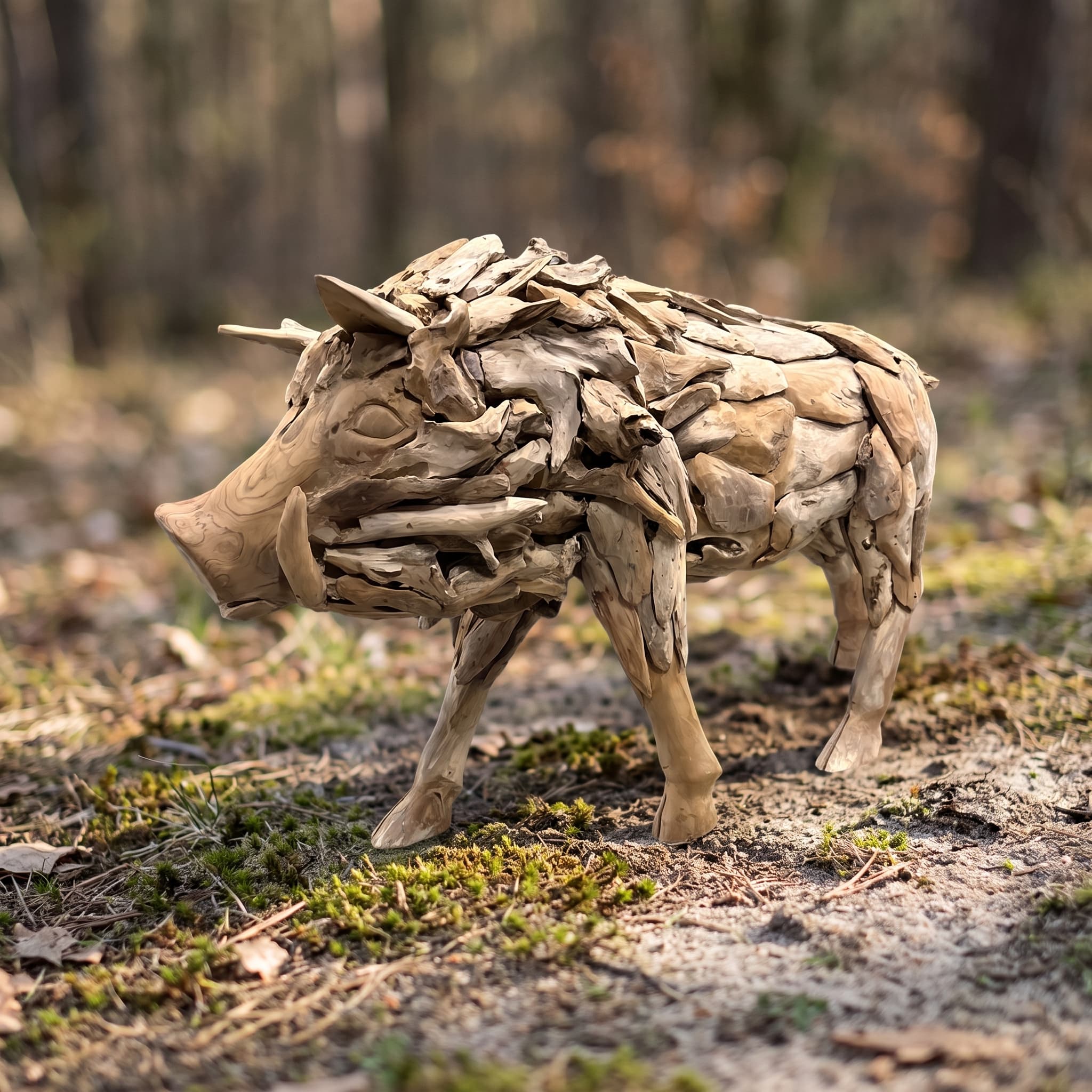 Everzwijn van gerecycled teak met slagtanden, van opzij op een zandig bospad met mos en afgevallen blad