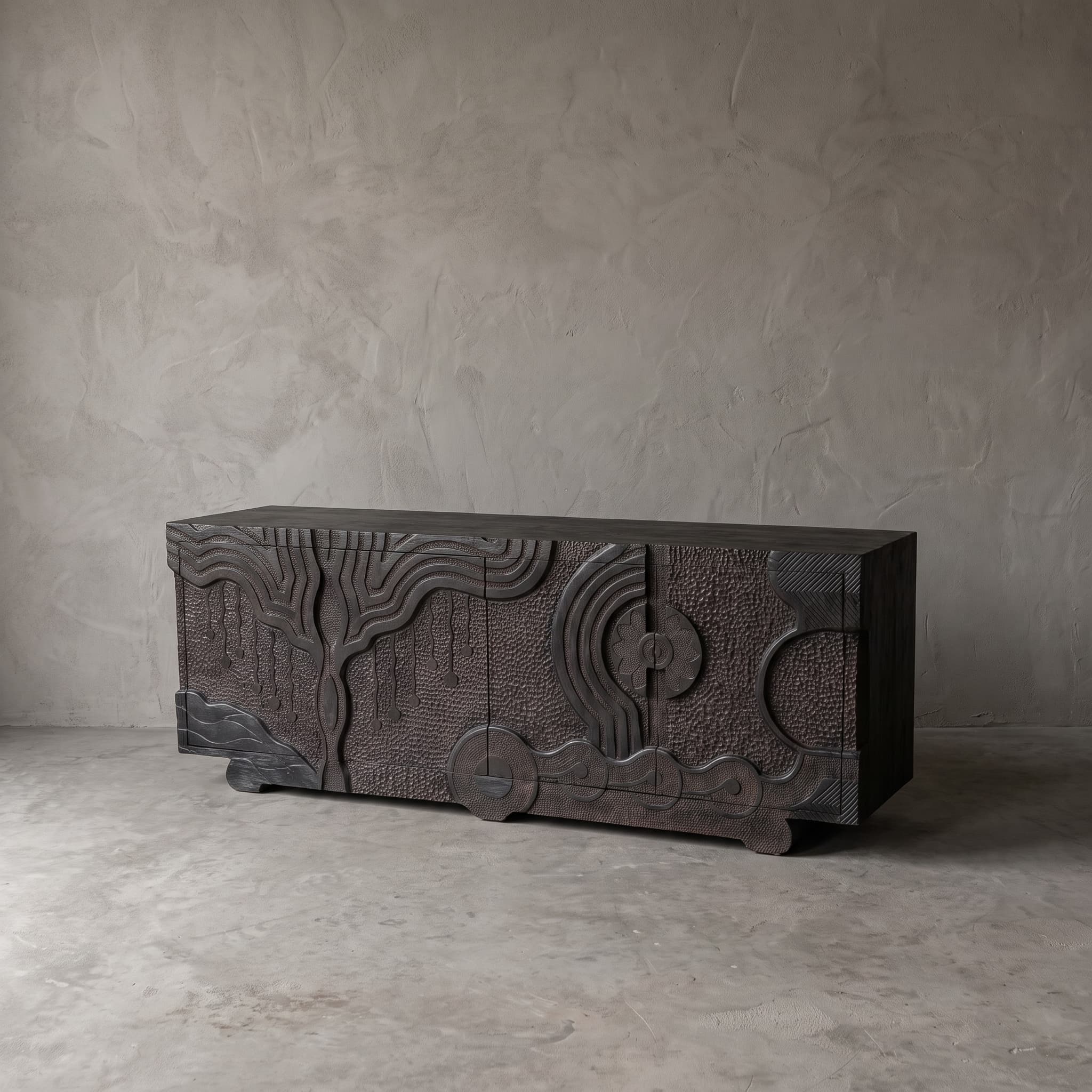Sideboard Bayan aus Teak schräg von vorn: links ein stilisierter Baum im Relief, unten abgerundete Füße auf dem Boden