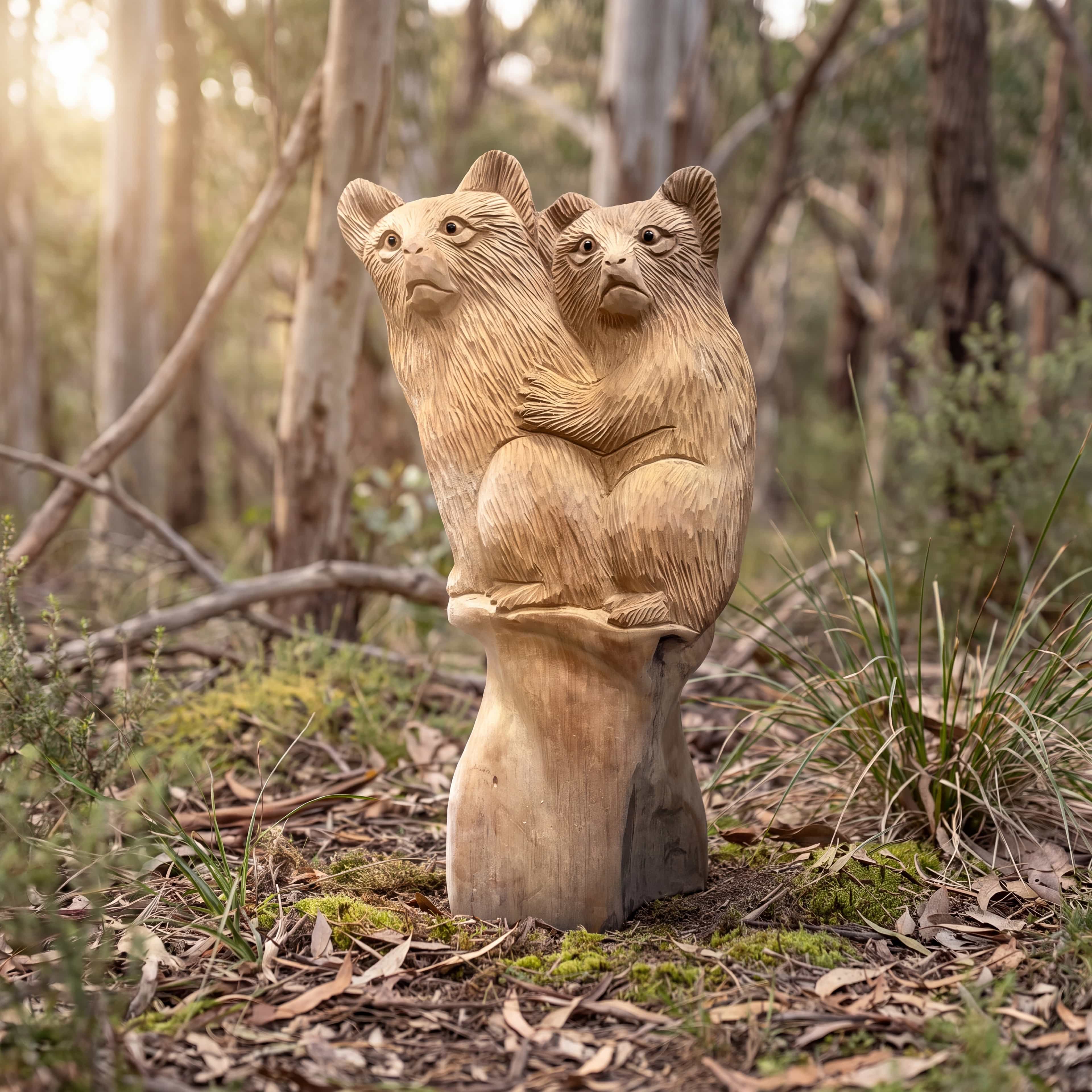 Koala van gerecycled teak, vooraanzicht van twee koala's die dicht tegen elkaar op een gladde stam zitten