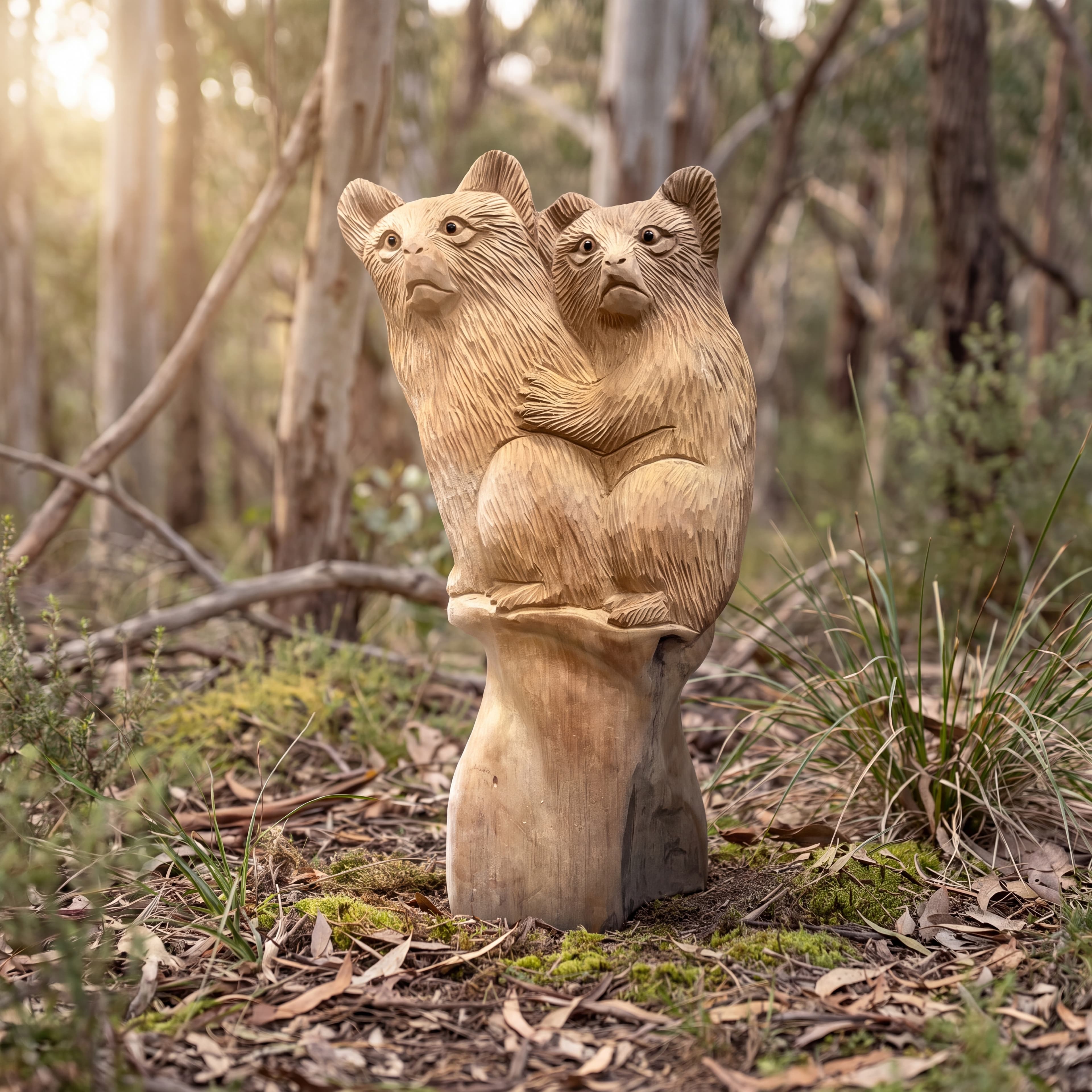 Koala van gerecycled teak, vooraanzicht van twee koala's die dicht tegen elkaar op een gladde stam zitten