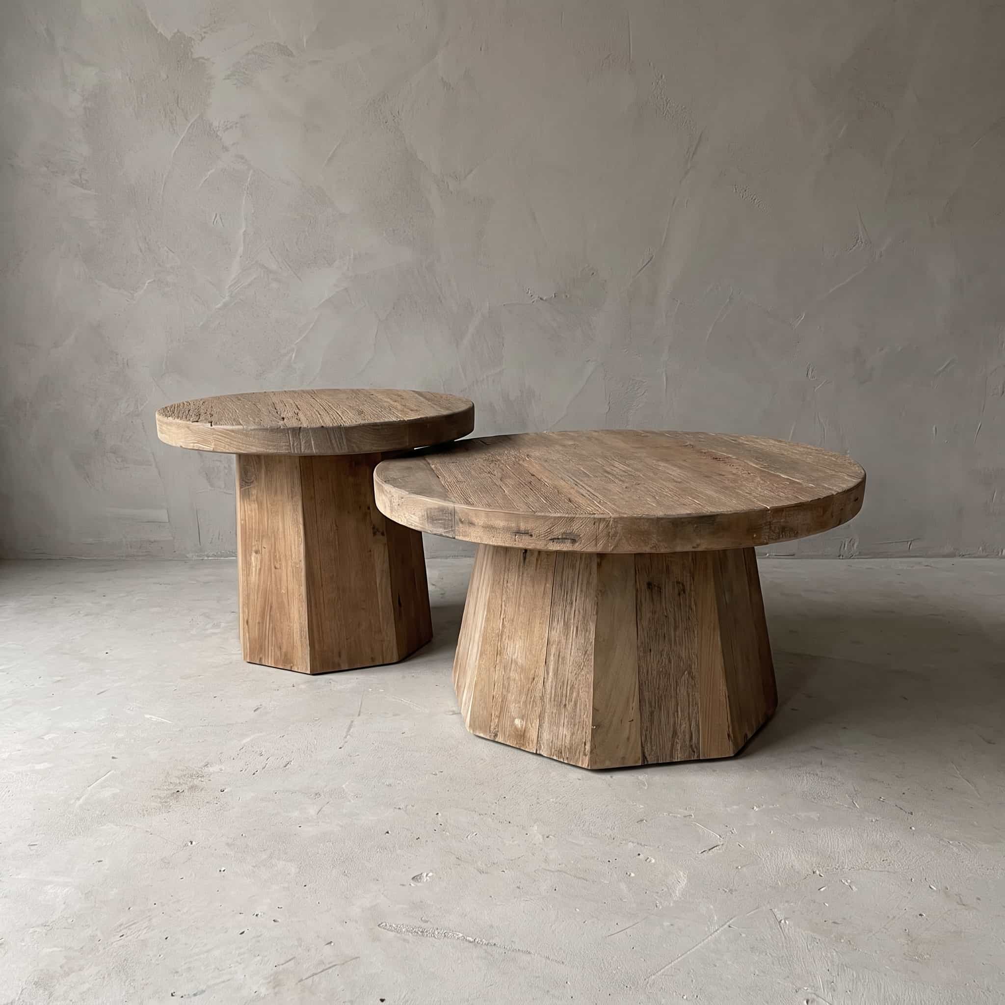 Salontafel Balok Segi van gerecycled hardhout, set van 2, twee ronde tafels naast elkaar, elk op een veelhoekige voet