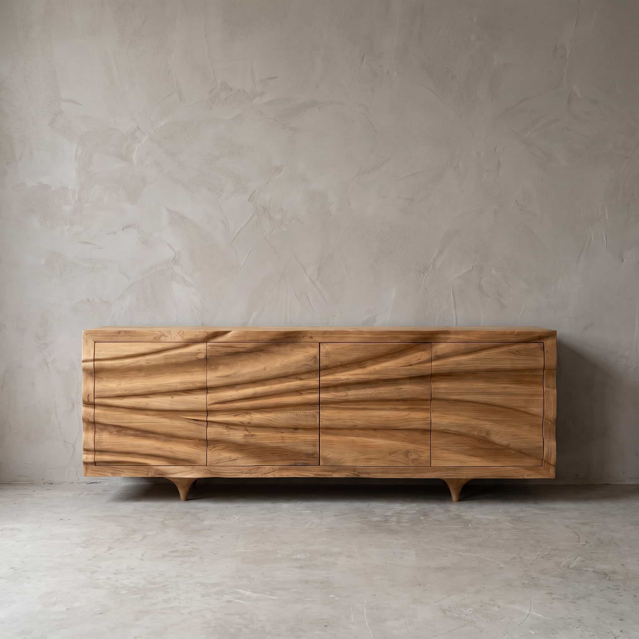 Dressoir Wave van teak, horizontale golven, vooraanzicht van vier deuren waarover de golven doorlopen, op gebogen poten
