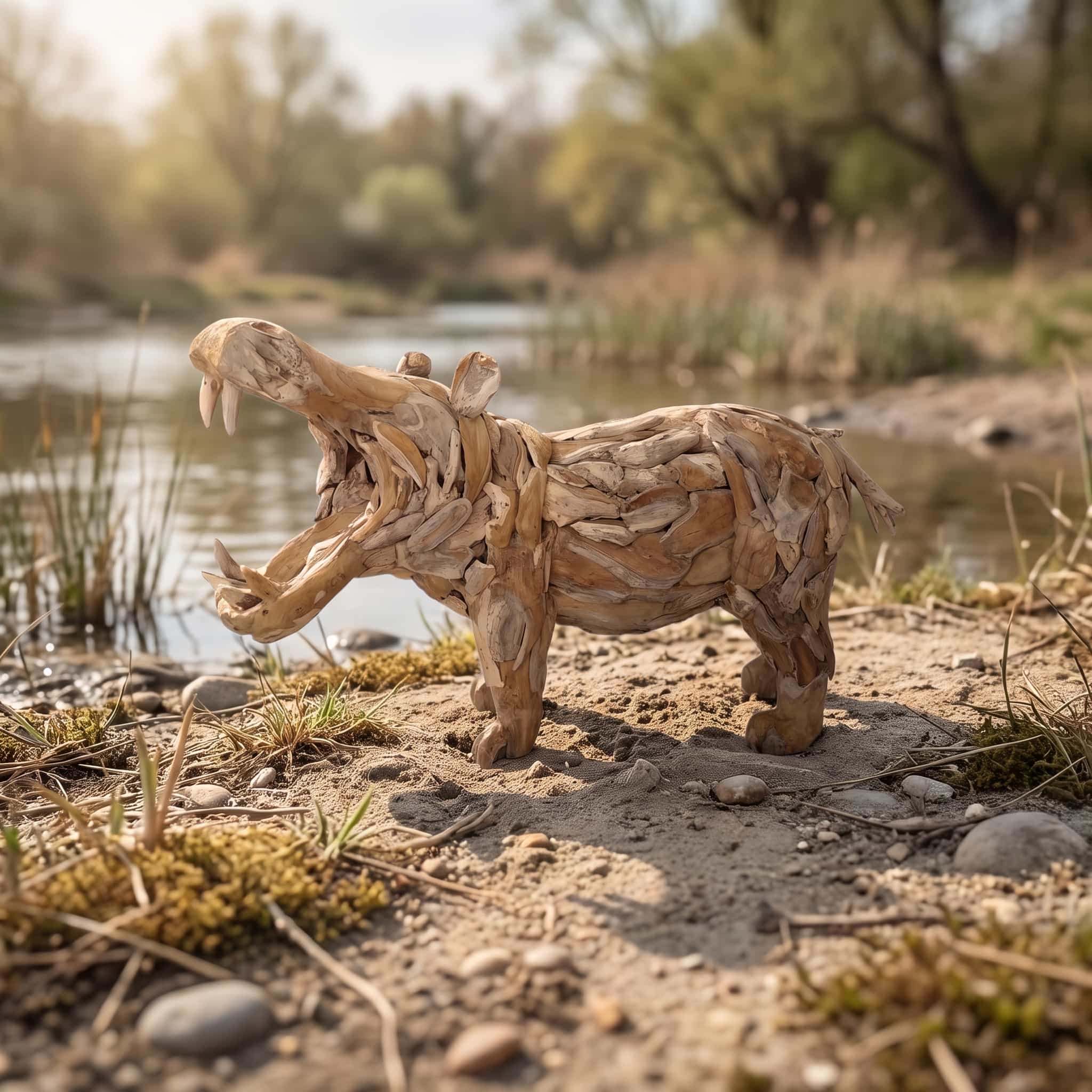 Nijlpaard van gerecycled teak, zijaanzicht van het nijlpaard met opengesperde bek en geheven kop