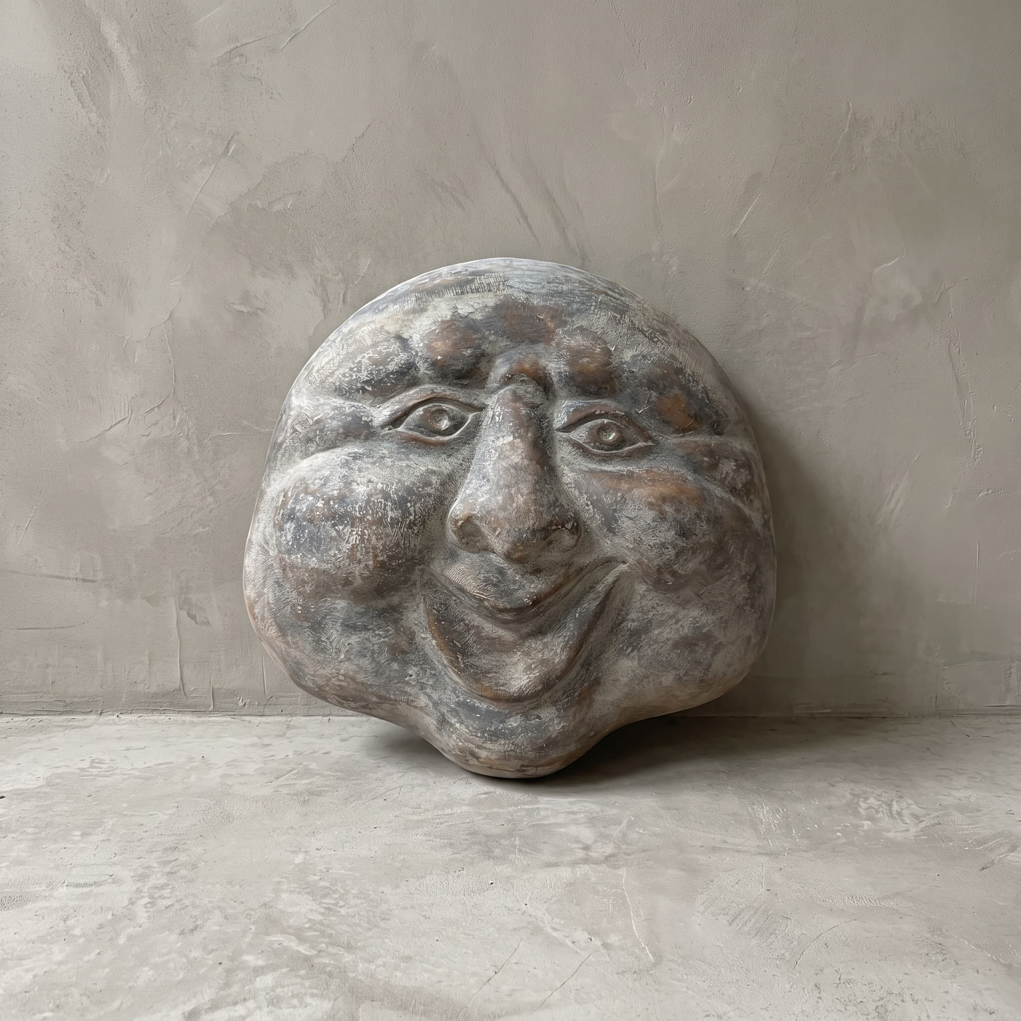 Beeld Moon Senyum van polystone rechtop tegen een grijze wand, met open ogen en bolle wangen