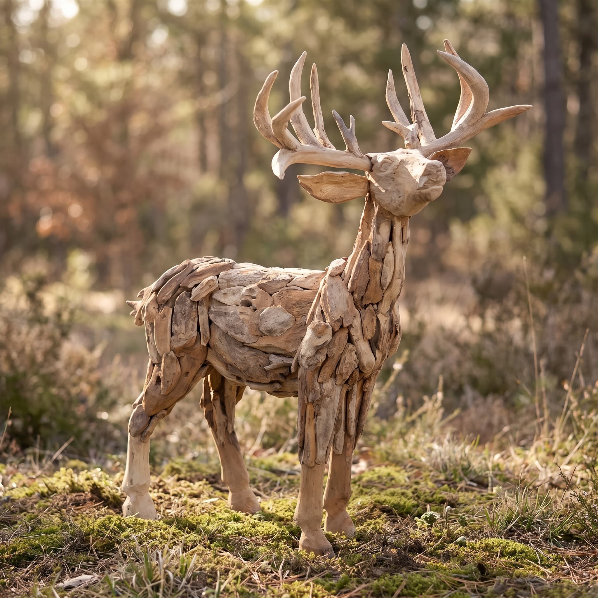 Hert van gerecycled teak met hoog vertakt gewei op een bemoste bosbodem, de kop naar rechts gedraaid