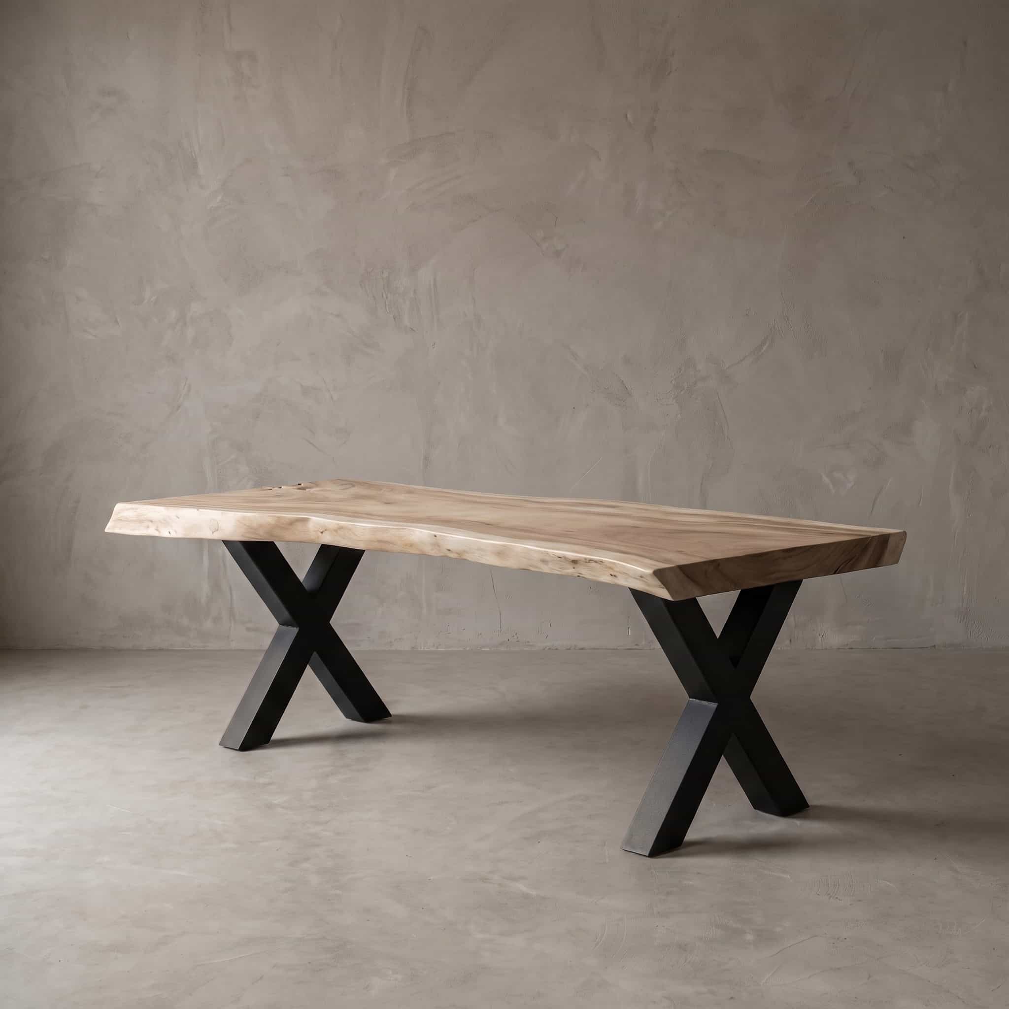 Suar tafelblad op een stalen X-onderstel, gepoedercoat in Jet Black Fine Texture.
