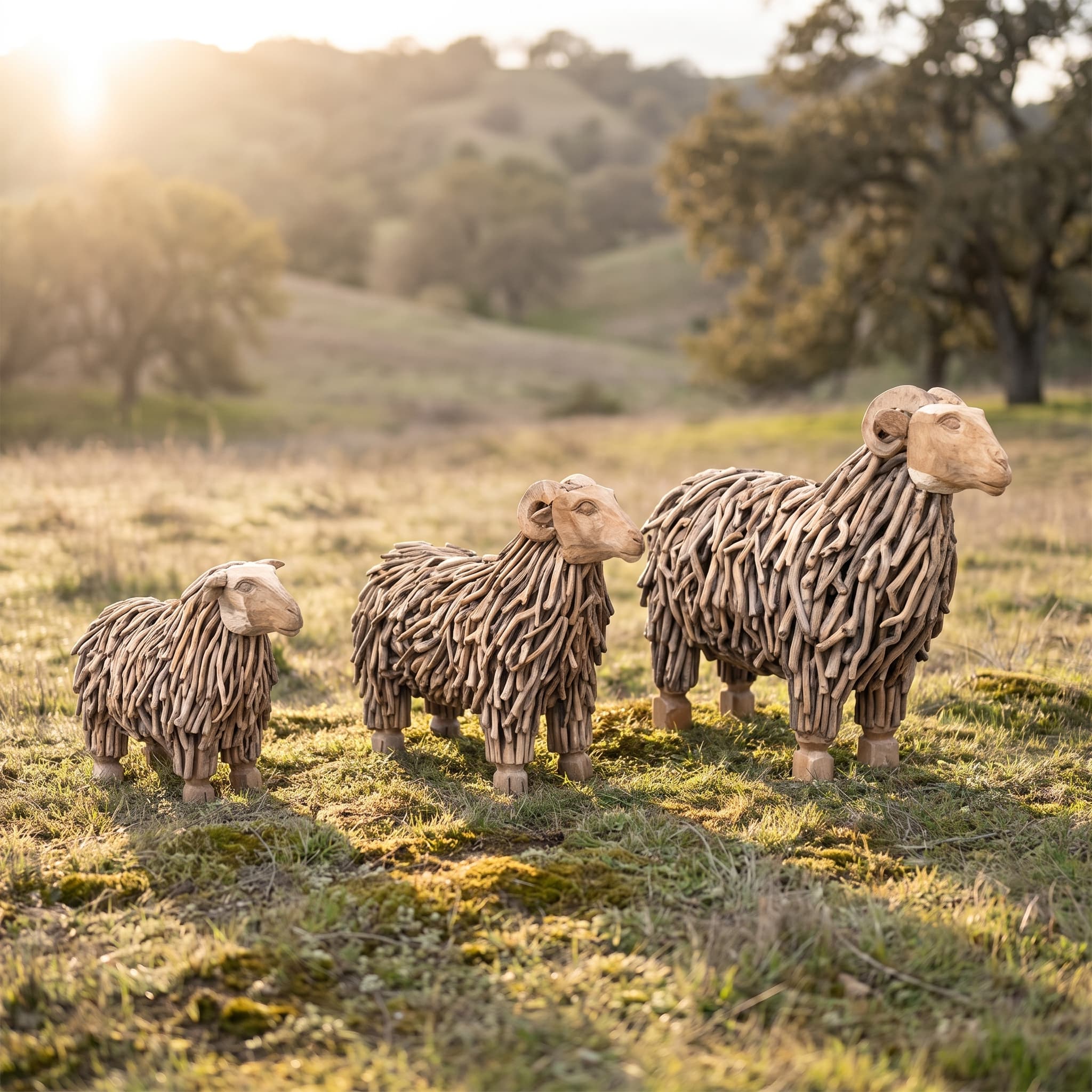 Schaap van gerecycled teak, met lange vacht, maat S van 80 cm, drie schapen uit de serie naast elkaar