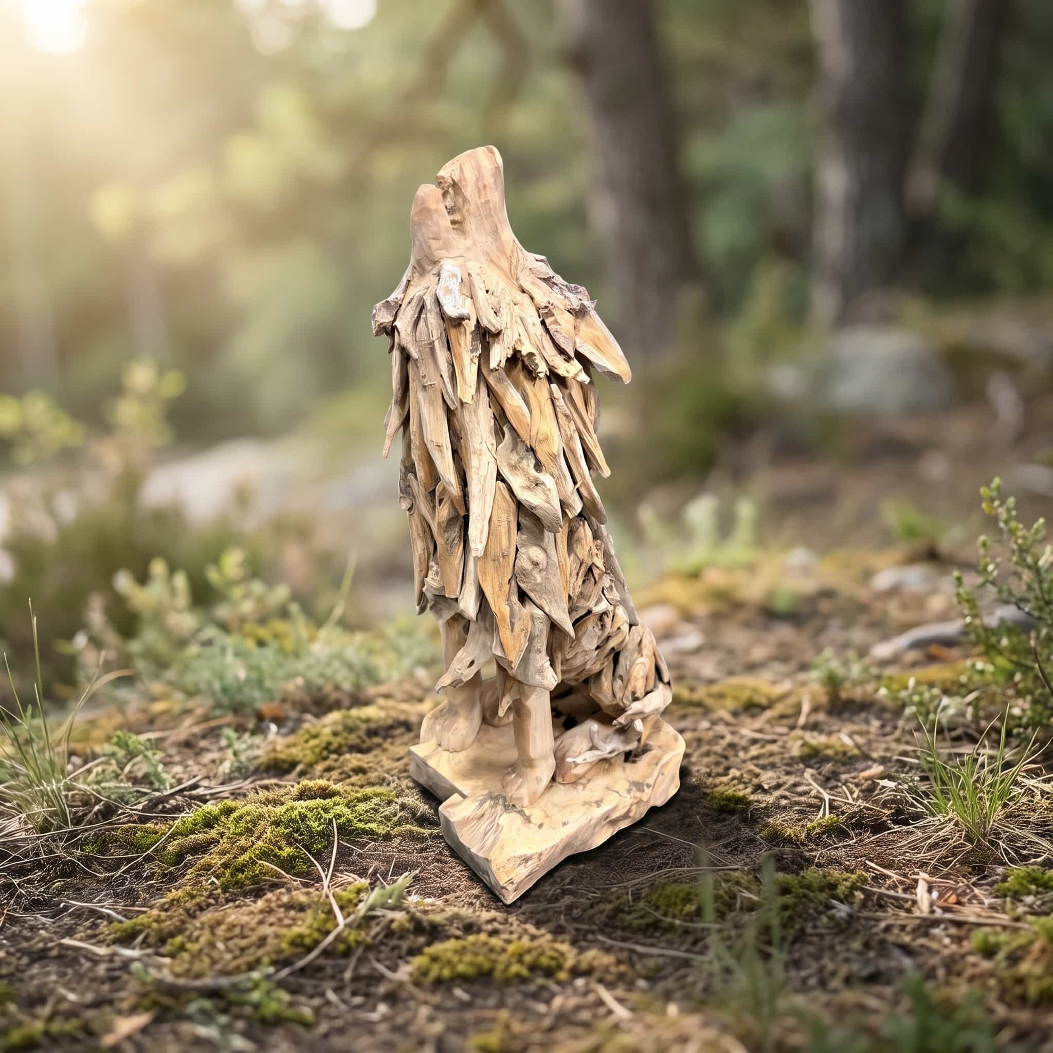Wolf van gerecycled teak, zittend op een platte voet, met een vacht van lange, puntige stukken hout