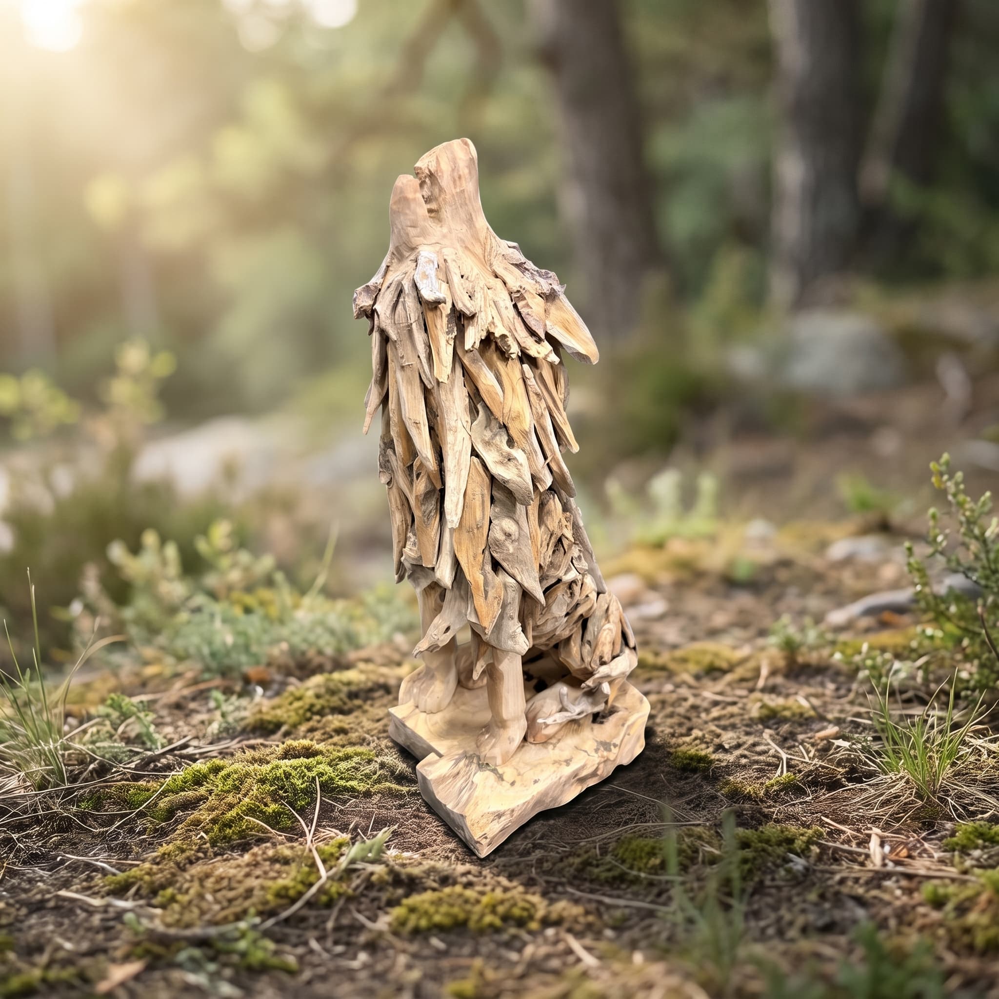 Wolf van gerecycled teak, zittend op een platte voet, met een vacht van lange, puntige stukken hout