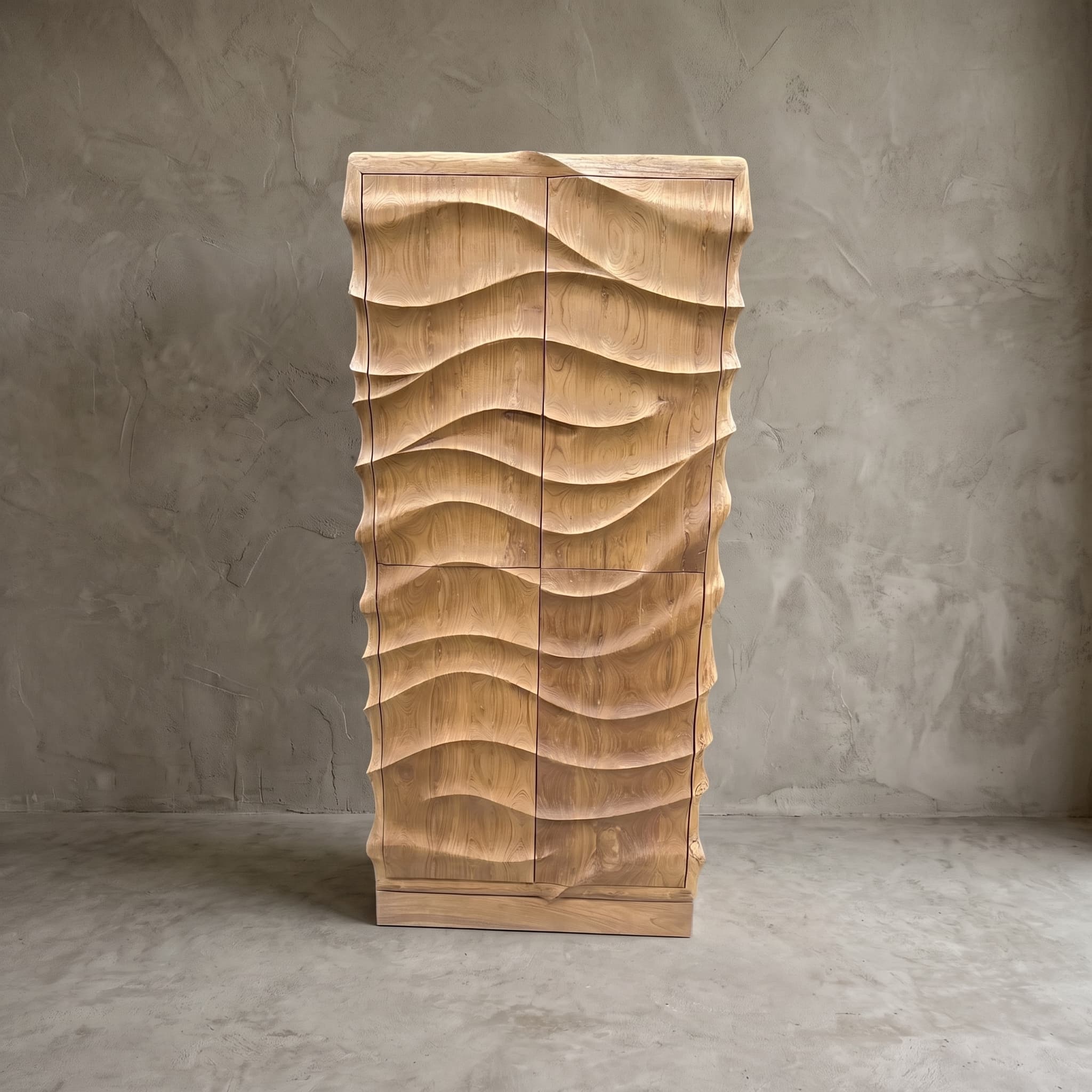 Kast Wave van teak, 210 cm hoog, vooraanzicht van vier deuren met gesneden horizontale golven, voor een betonnen muur