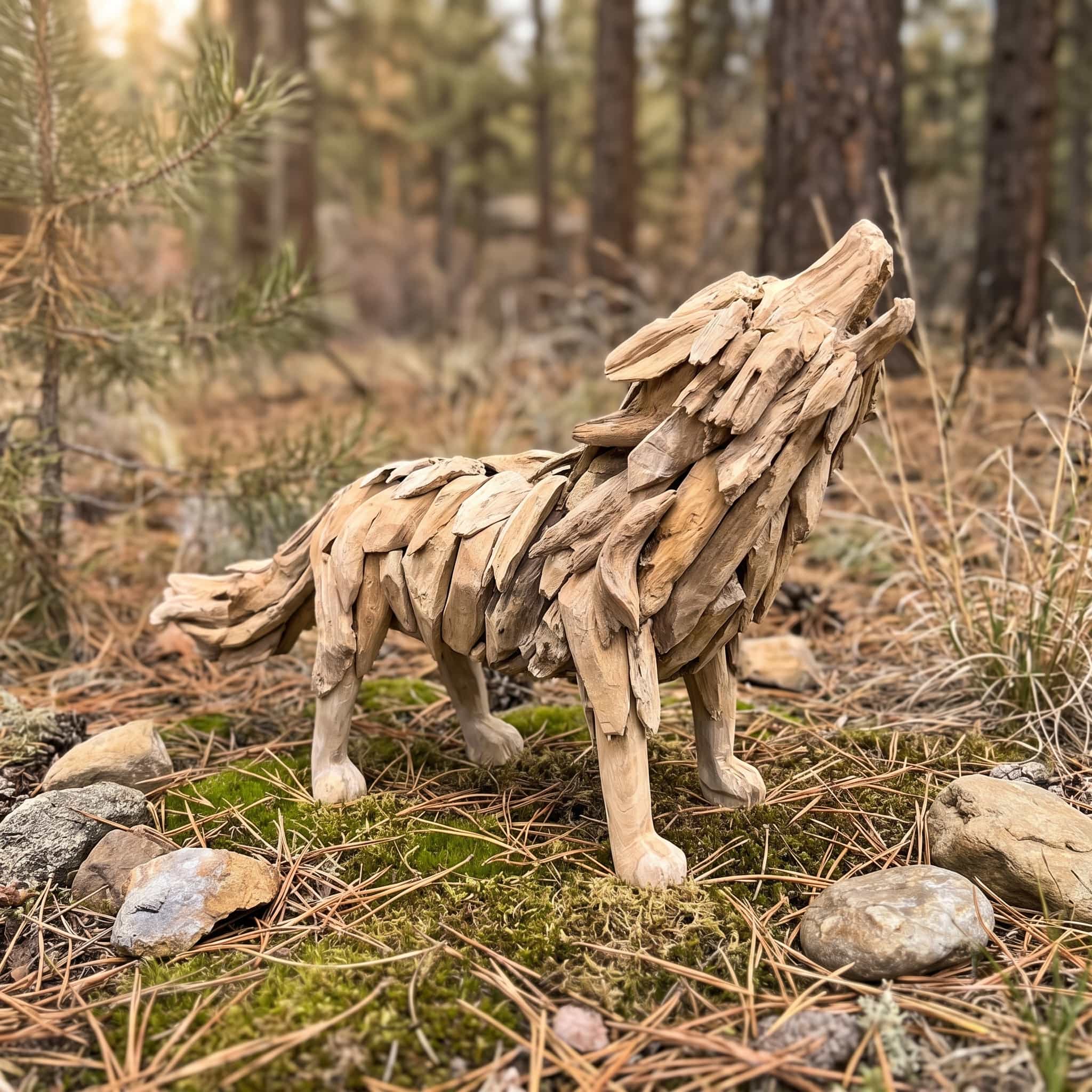 Wolf van gerecycled teak in maat S van 100 cm, zijaanzicht van de staande wolf met de kop omhoog