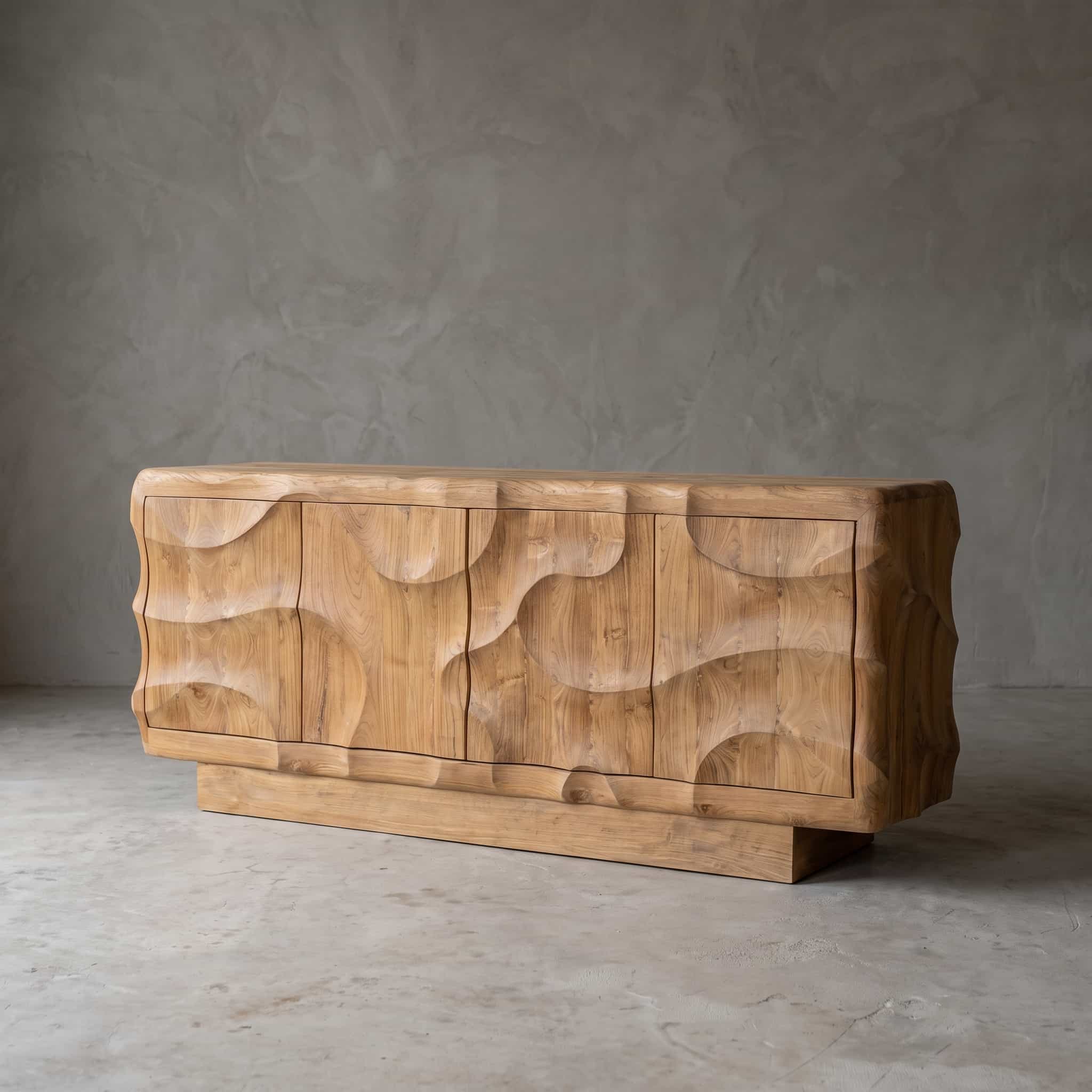 Dressoir Wave van teak, 4 deuren, schuin vooraanzicht met ronde holtes over de deuren en golvende zijkanten