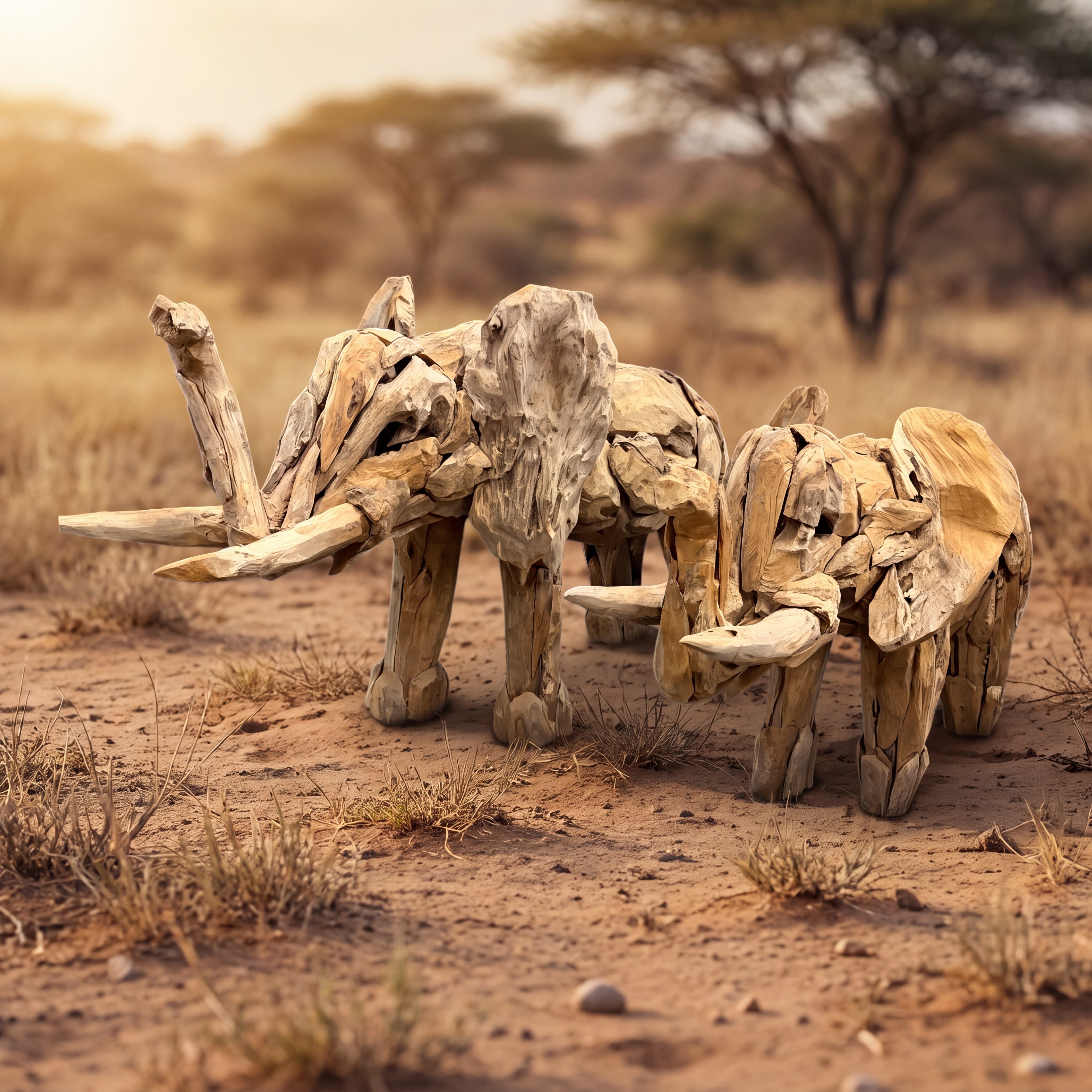 Animal - Elephant sculptuur, maat M · 110 cm, samengesteld uit houten delen, vooraanzicht in savanne-omgeving.